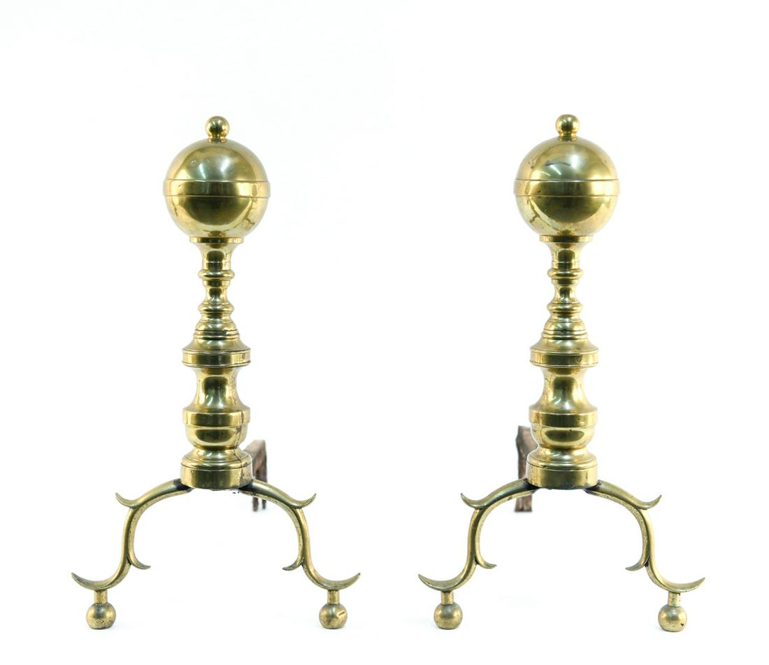 AMERICAN FEDERAL BALL TOP ANDIRONS c1800: Federal period brass and iron andirons. Finely detailed. Possibly New York. Dimensions: H 19.5" x W 10.5" x D 20" Condition: Age wear and some tarnish.