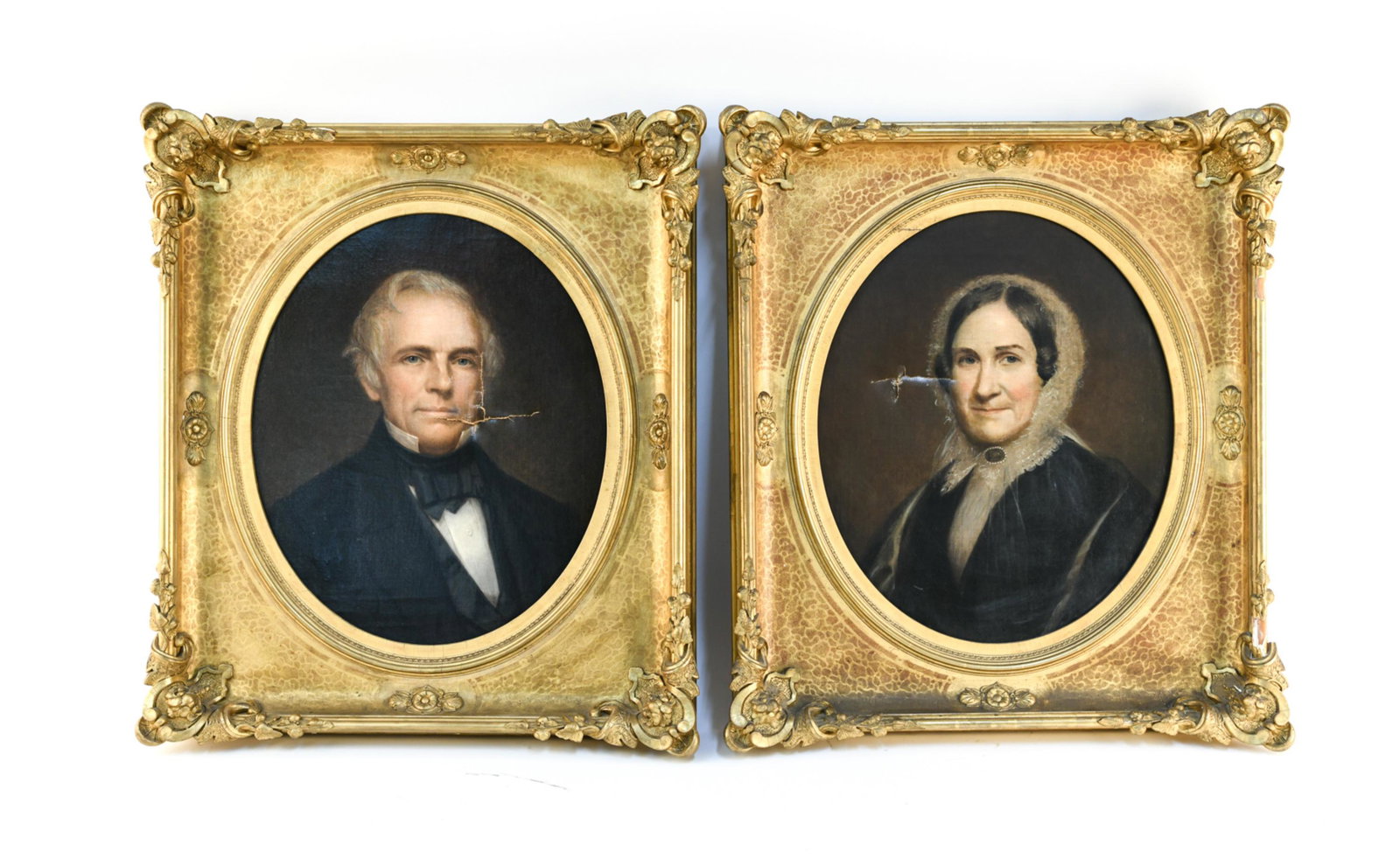 (2) ATTR. WILLIAM ROUTHVEN WHEELER (1832-1893): Pair of portraits in fine 1870s American frames. Male portrait labeled: Amos Collins 1788-1858. Female portrait labeled: Copy from a pastel by M. Wilson, W.R. Wheeler 1871. Oil on canvas. Dimensions: