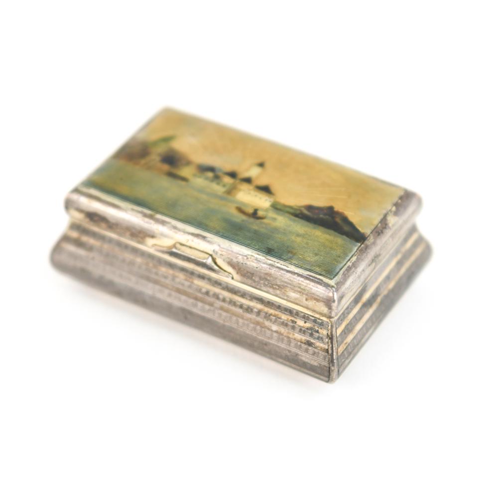 RUSSIAN 84 SILVER AND ENAMEL MATCH SAFE BOX: Hallmarked AC/1853, 84 and Russian symbols, attributed to Verkhotsev. Hallmarked on lid and inside of box. Dimensions: H 0.75" x W 2.25" x D 1.5" Condition: Minor losses to enameling, normal signs of 