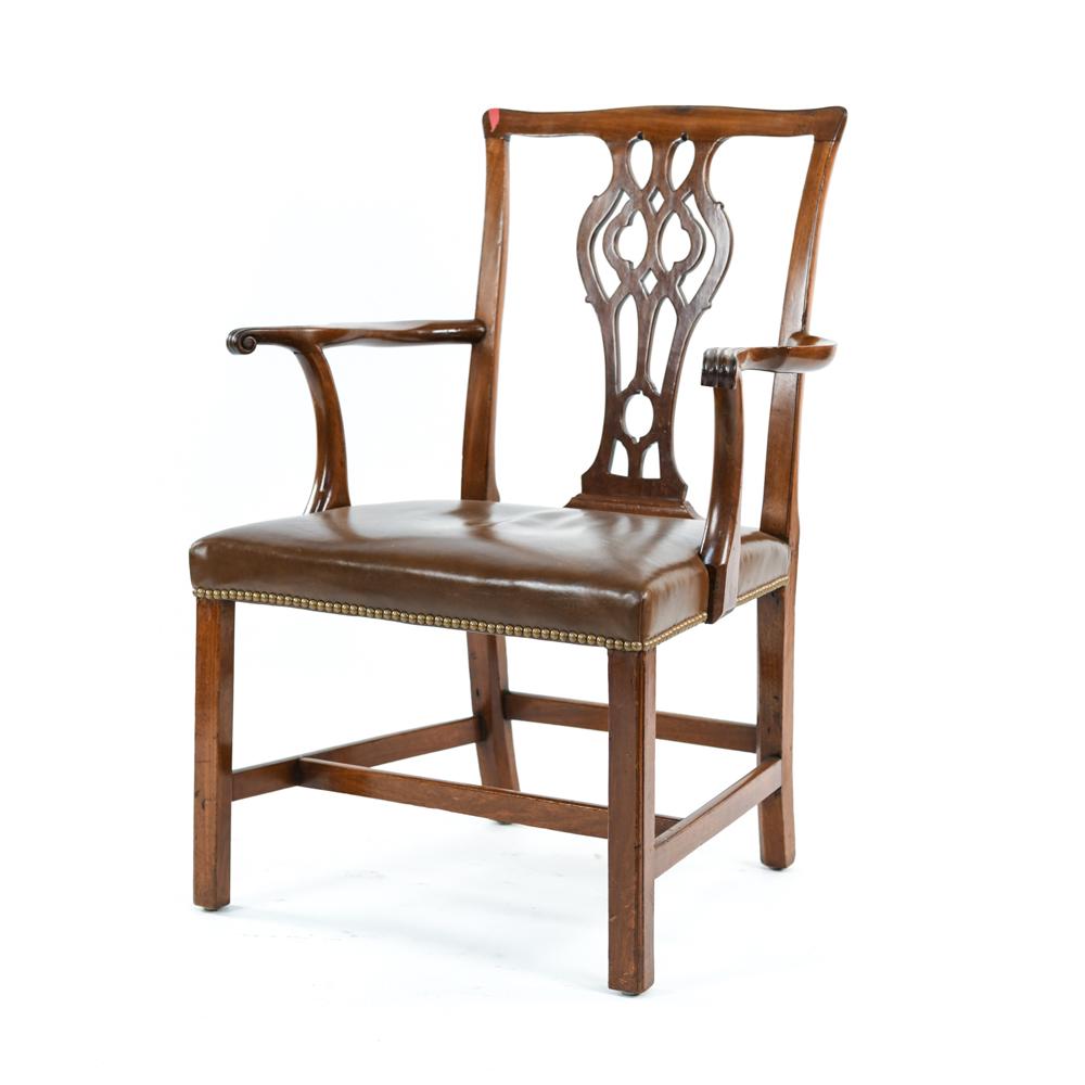 ANTIQUE CHIPPENDALE STRAIGHT LEG ARMCHAIR: Walnut with open work back. Faux leather seat. Dimensions: H 27.5" x W 27.5" x D 20" x SH 19" Condition: Looks to be refinished. Some gaps in construction.