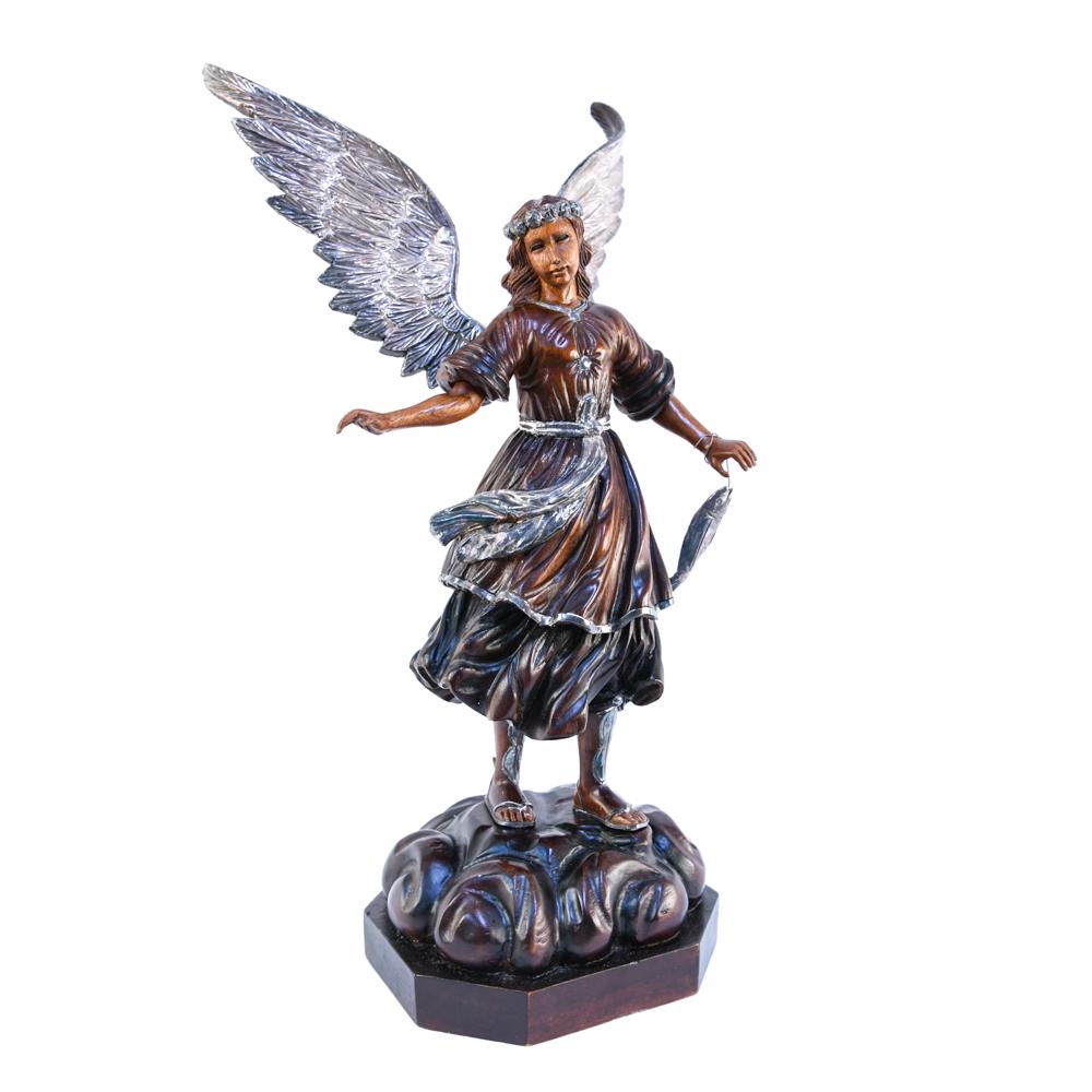 CARVED WOOD & STERLING SILVER ANGEL RAPHAEL: Dimensions: H 20" x W 18" x D 8" Condition: Small repair to one wing otherwise showing normal wear from age. Unsigned.