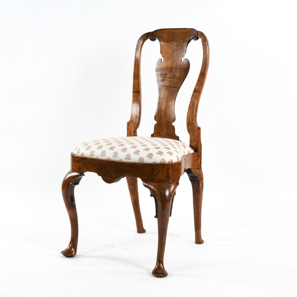 18TH C. QUEEN ANNE COMPASS SEAT SIDE CHAIR: Scroll top carving, scroll details on legs. Walnut. Dimensions: H 38.5" x W 21.5" x D 22.5" x SH 21" Condition: Stripped. Some surface cracks and distress. Sun bleaching on back.