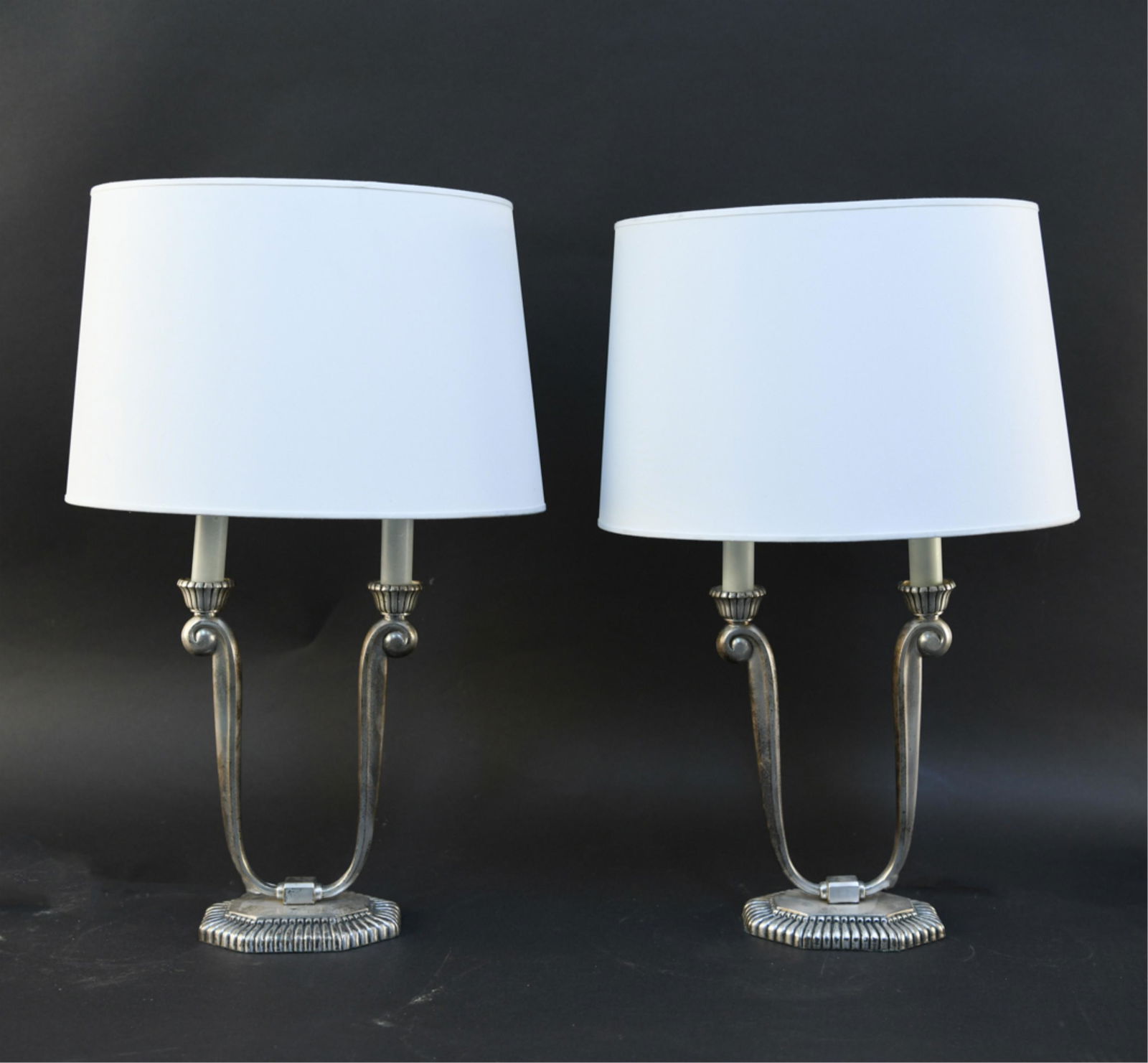 FRENCH ART DECO LAMPS ATTR. JULES LELEU: Dimensions: (top of shade) H 24" x W 15" x D 9.5" Condition: Untested. Some scratches and finish losses.