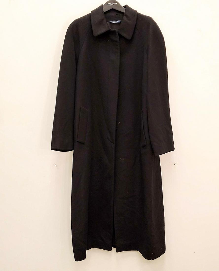LADIES BURBERRY CASHMERE FULL LENGTH COAT: No size tag. Dimensions: L 51", Armpit to armpit 23", Sleeve 25" Condition: Rip in lining. Signs of use including minor brushing to cashmere.