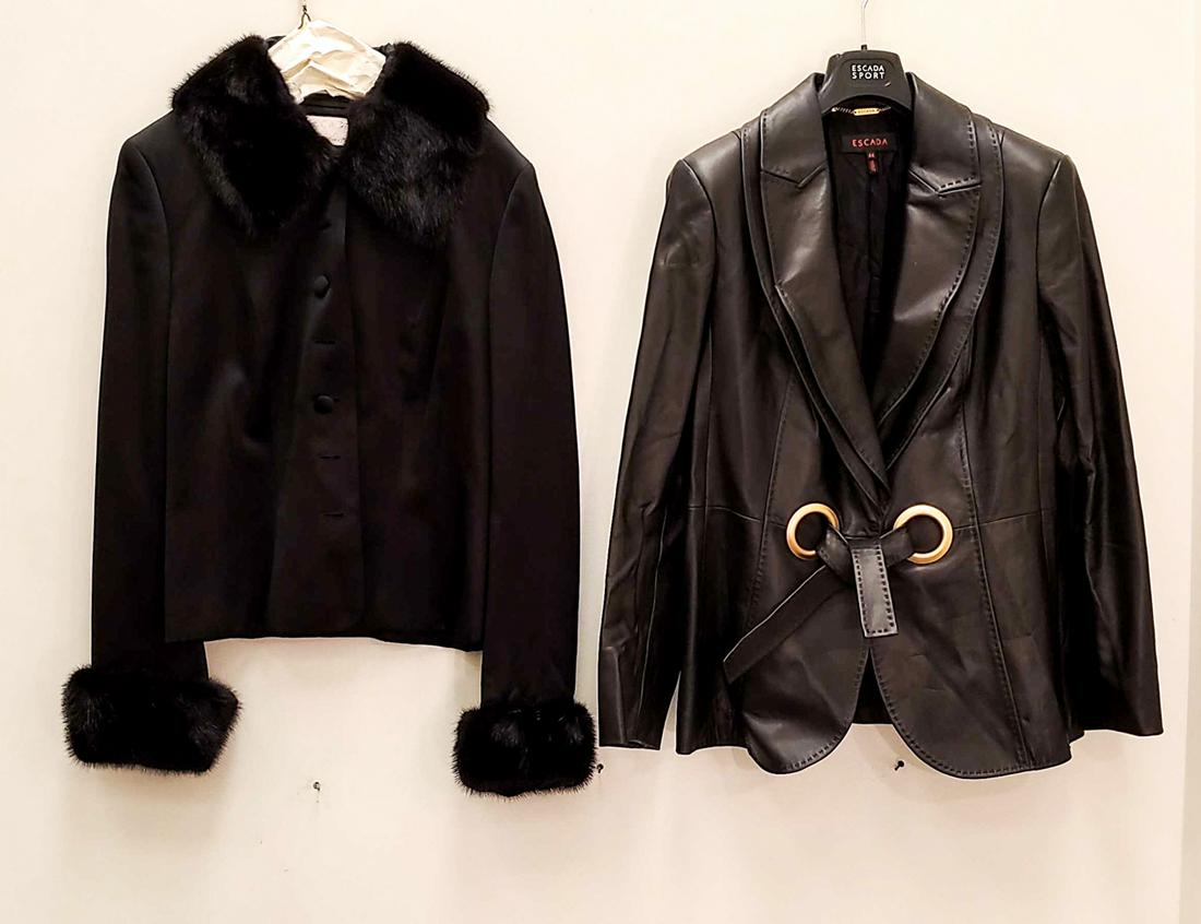 (2) ESCADA JACKETS: Including: 1) belted black leather, size 44 and 2) silk and fur, size 42. Condition: Showing minor signs of use and storage.
