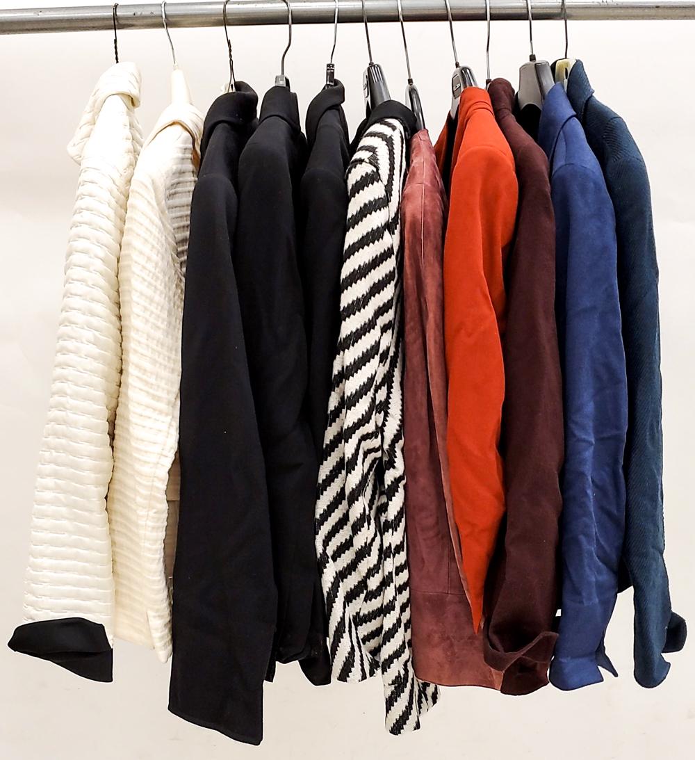 (11) LADIES AKRIS BLAZERS: Including wool, silk blends, suede. Ladies US sizes 10-16. Condition: Lightly used.