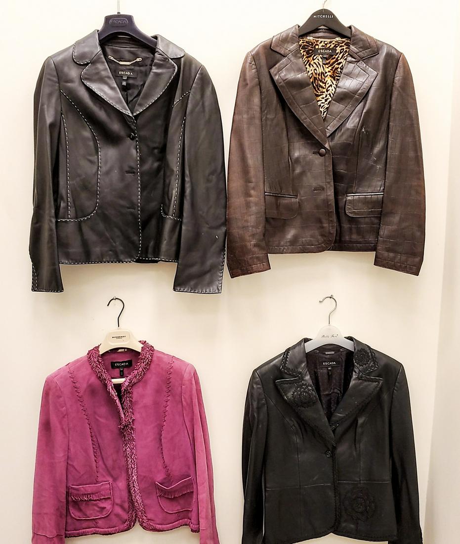 (4) LADIES LEATHER & SUEDE ESCADA BLAZERS: Sizes 42 and 44. Condition: Showing light use, mostly at edges, small stains.