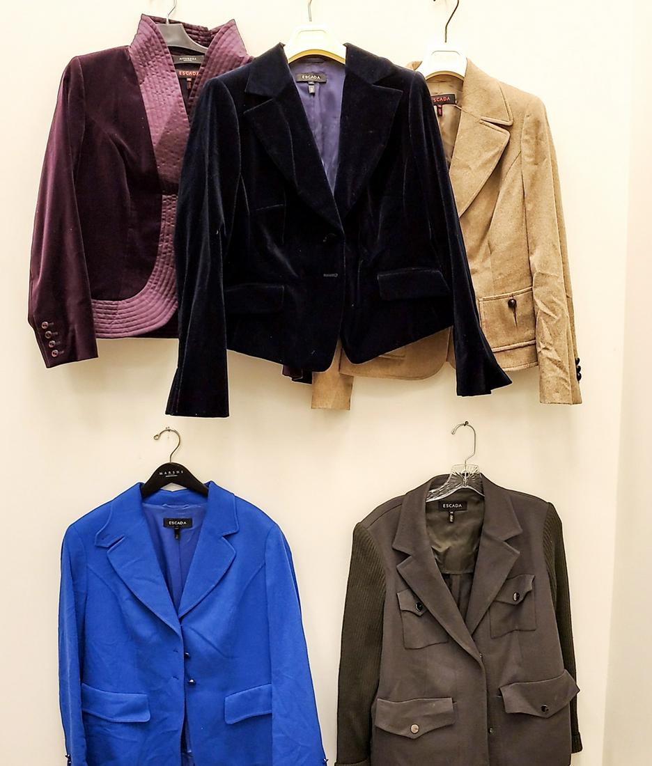 (5) ESCADA LADIES BLAZERS: Wool, velvet, and wool blend. Sizes 42 and 44. Condition: Lightly used.