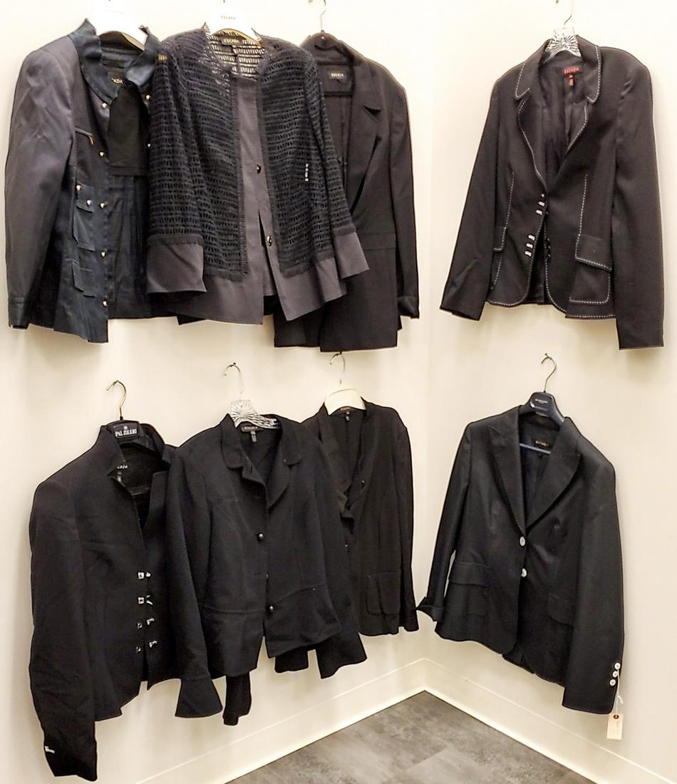 (8) ESCADA LADIES BLACK BLAZERS & JACKETS: Including wool blend, lace, etc. Sizes 40, 42. Condition: Showing light signs of use.
