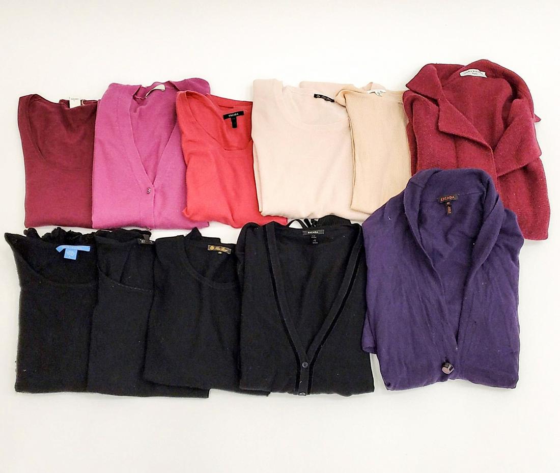 GROUPING OF LADIES DESIGNER CASHMERE TOPS: Including Escada, White + Warren, Kinross, Loro Piana, Cochni, Amina Rubinacci. Sizes 42-48. Wool/cashmere. Condition: Showing minimal signs of use and storage.