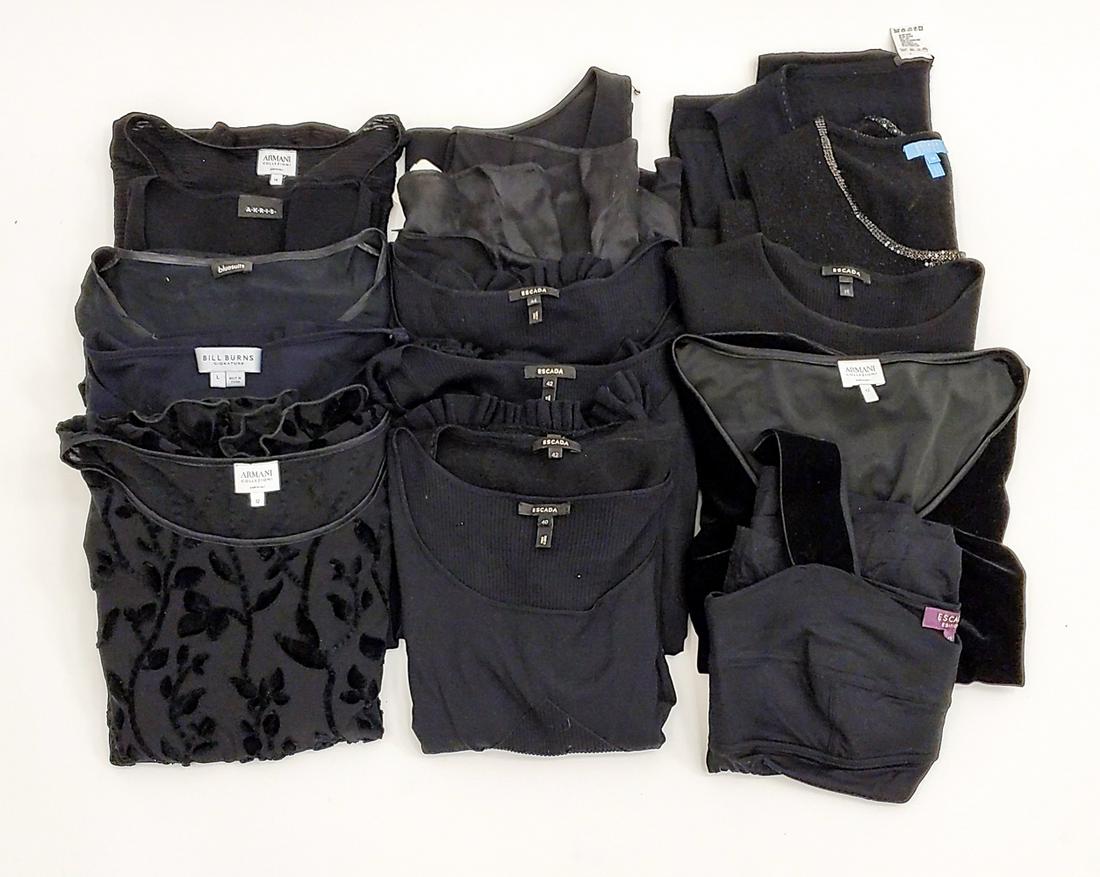 LADIES DESIGNER BLACK TOPS INCL. ARMANI: Including Armani, Escada, Bill Burns, Escada Sport, etc. Silk, velvet, cotton, Akris, etc. Sizes 10/12, 40-44. Count: Approximately 15 pcs. Condition: Mostly unused, showing light signs of use if any.