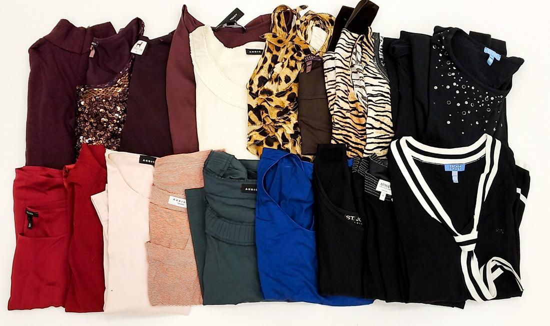 LADIES DESIGNER TOP GROUPING: Including Escada, Ellen Tracy, Akris, St. John, Armani, Escada Sport. Silk, cashmere, cotton, wool blends, sequin. Varying sizes, M-L, 40-44. Count: Approximately 20 pcs. Condition: Lightly used, show