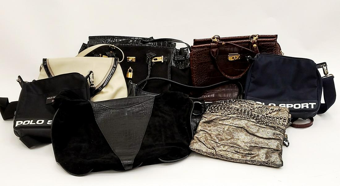 (8) DESIGNER HANDBAGS: Including Hermes style, leather and cowhide, (2) Polo Sport, Salvatore Ferragamo, Roberto Vascon. Dimensions: Red: H 9.5" x W 12" x D 7" Condition: Used, showing some signs of use including light wear