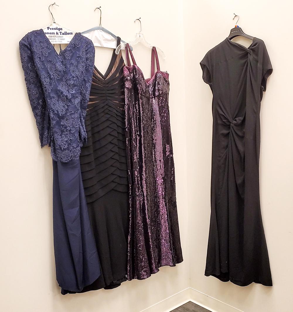 (8) LADIES DESIGNER EVENING GOWNS: Including brands like Saint John (size 10), Vicky Tiel (size 46), Sutton Studio (size 14), Carmen Mark Valvo (size 12), Chetta B (size 12), Escada (size 44) and a silk and sequin purple gown. Conditio