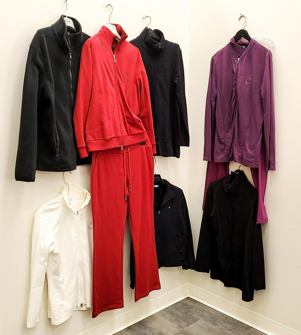 LADIES DESIGNER SPORTS WEAR GROUPING: Mostly casual jogging pants including Escada sport, Eileen Fisher, Victorinox. Sizes: M-L Condition: Mostly lightly used.
