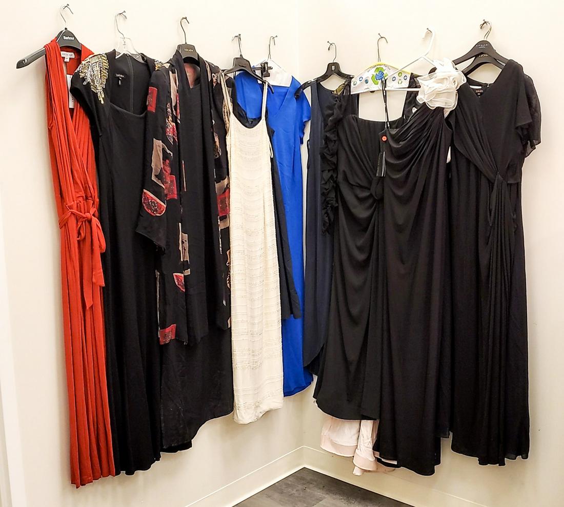 GROUPING OF LADIES DESIGNER GOWNS: Including: white Georgio Armani sequin (size 6), (3) Escada (size 44), Tadshi (size M), Donna Ricco ( size 16), The Bonnie Roseman (blue silk), Harari (silk with Kimono), Escada two piece silk night g