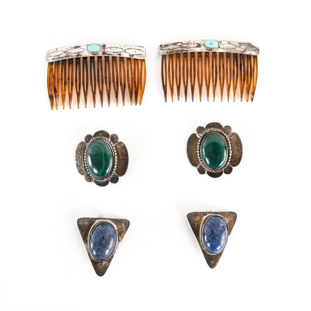 GROUPING OF JEWELRY INCL. STERLING SILVER: (2) Native American sterling silver and turquoise combs, a pair of Mexican sterling silver and malachite earrings and a pair of sterling silver and lapis earrings. Dimensions: Comb: L 3" x W 1.75" Con