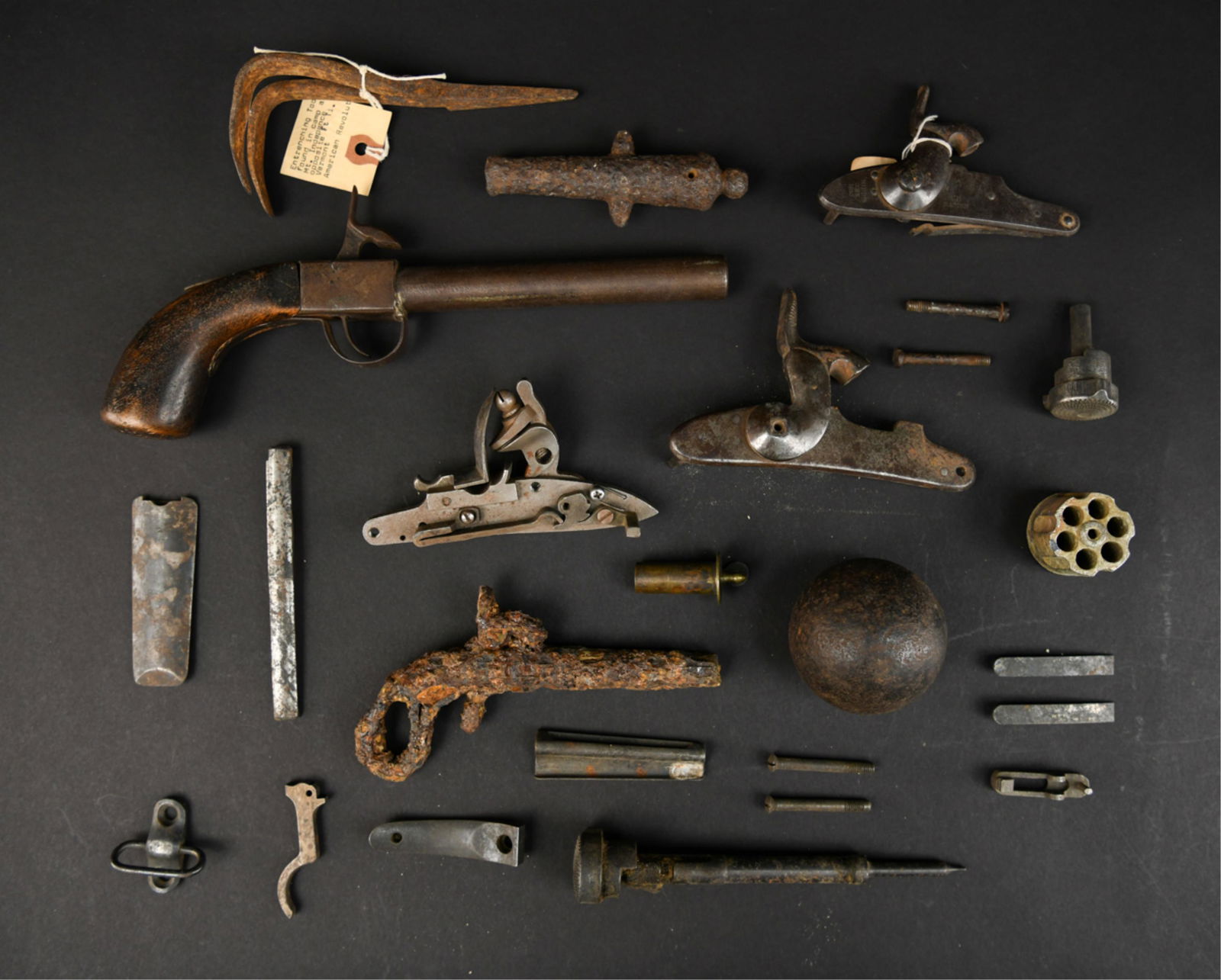 CIVIL WAR ERA DUG ITEMS, GUN COMPONENTS, ETC.: Including misc. firearms, locks, mountings, H. Aston model 1842 lock, etc. 19th/20th century. Dimensions: (Largest) L 11.25" Condition: As found.