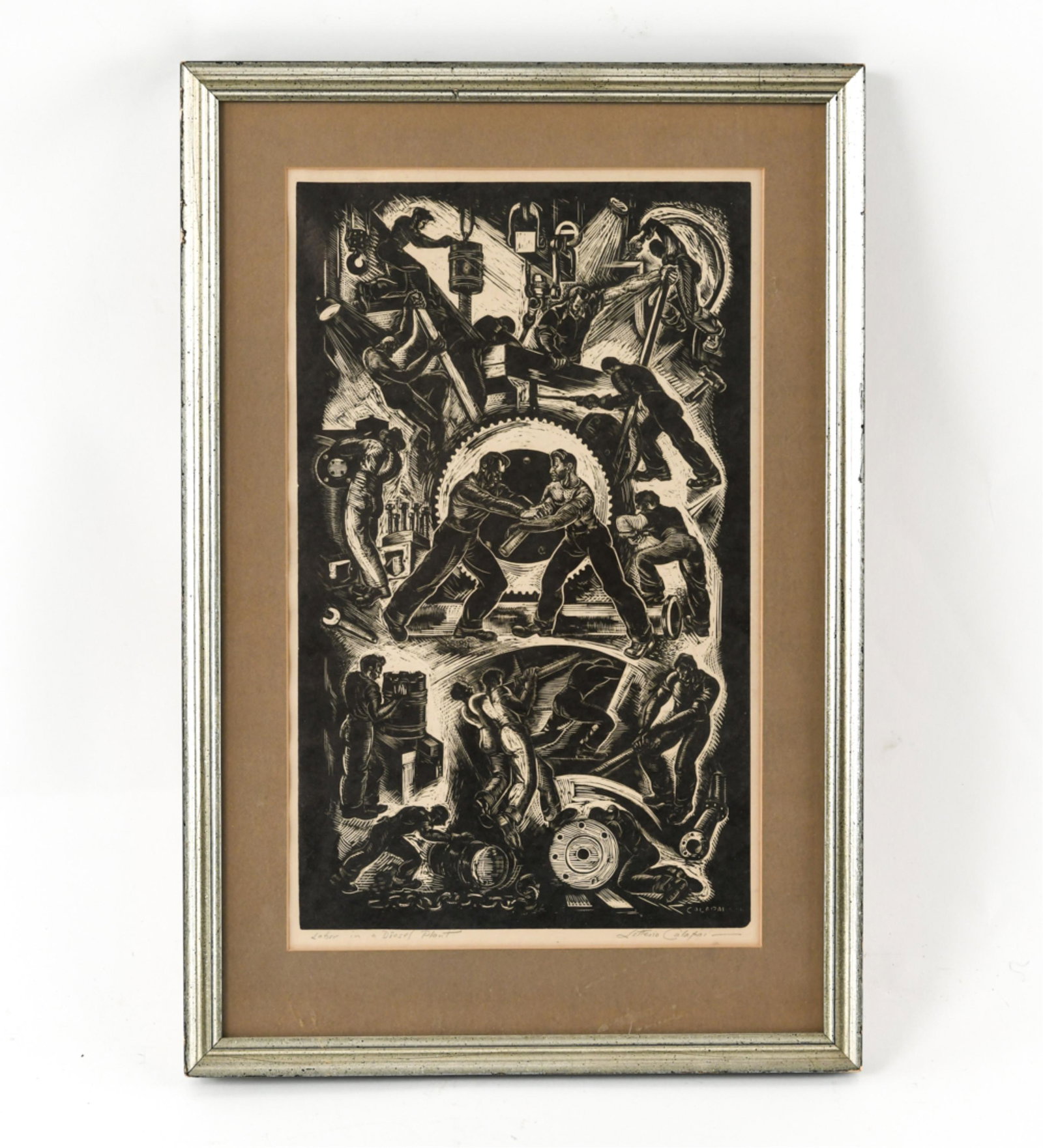 LETTERIO CALAPAI (1902-1993) WOOD ENGRAVING: Early wood engraving, pencil signed and titled, Labor In A Diesel Plant. Dimensions: (Frame) H 21" x W 14", (Sight) H 16.5" x W 10" Condition: Light age toning to the paper. Some waviness to frame.