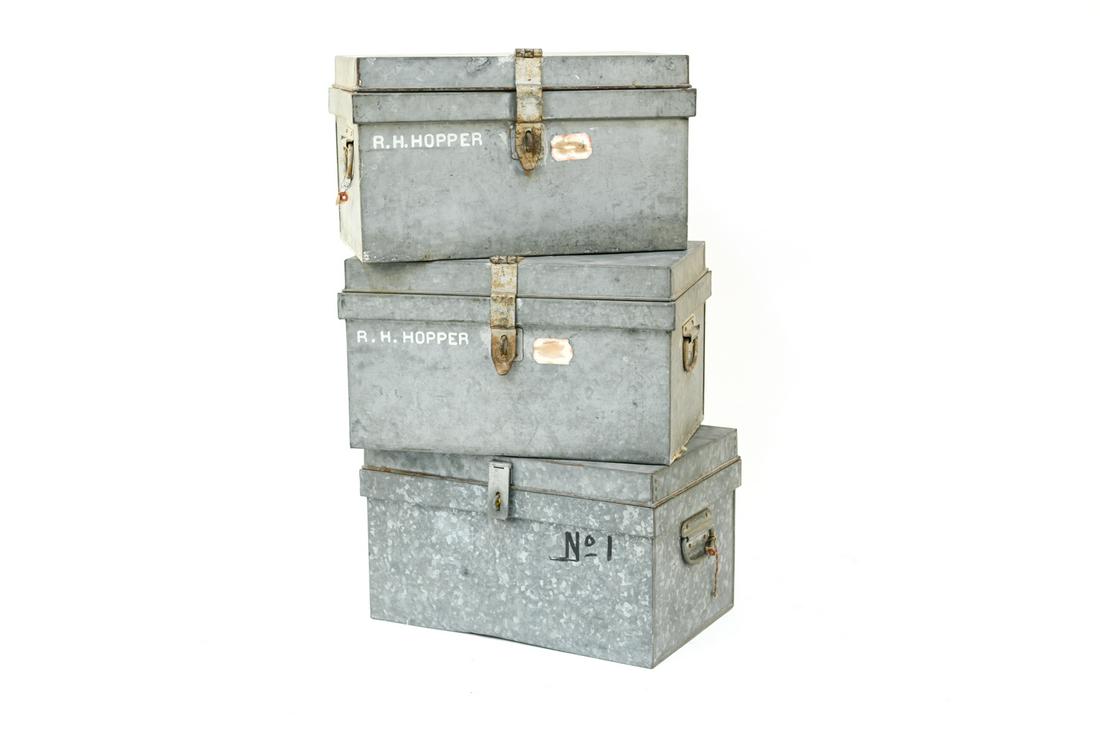 (3) INDUSTRIAL GALVANIZED METAL TRUNKS: Dimensions: H 12.5" x W 21.5" x D 13.5" Condition: Scratches, wear and dents from use.