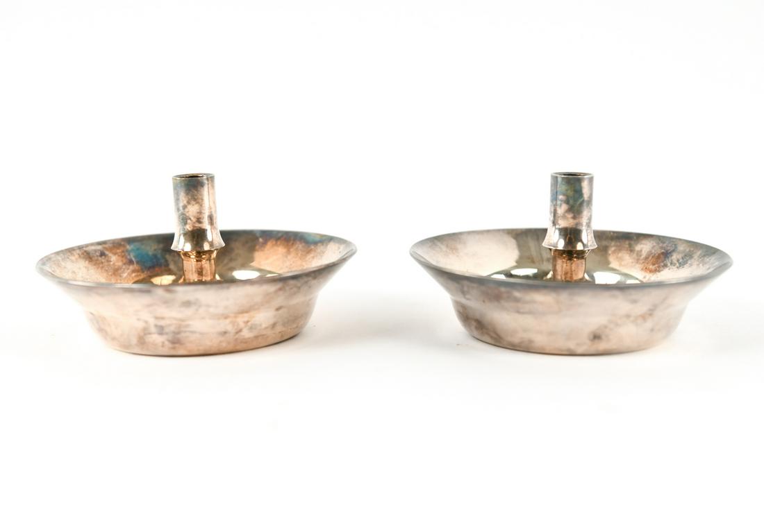 (2) JENS QUISTGAARD FOR DANSK CANDLESTICKS: Dansk mark under. Dimensions: H 3" x Dia: 5" Condition: Some signs of use, minor scratching.