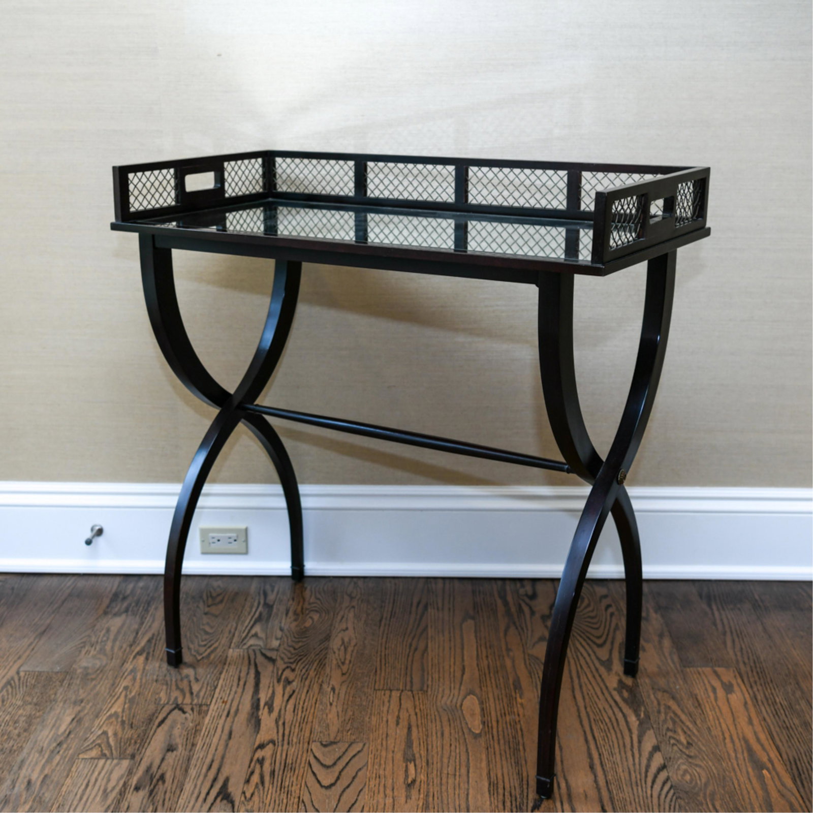 BAKER COLLECTION CONTEMPORARY MIRROR TOP BAR: Empire style by Baker. With galleried top. Dimensions: H 39" x W 37.75" x D 18" Condition: Some light use wear.
