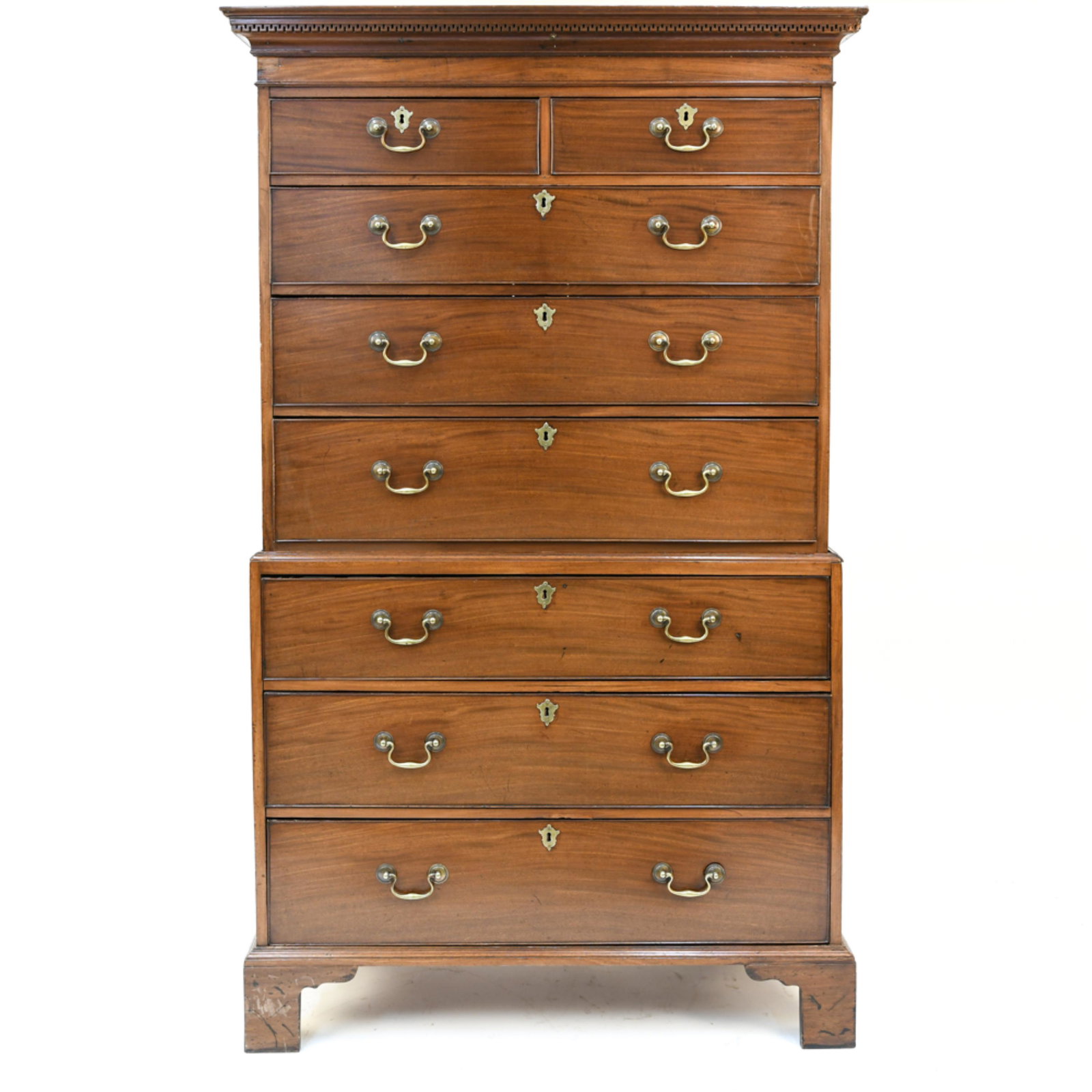 HIGHBOY CHEST OF DRAWERS: Dimensions: H 74.25" x W 45" x D 22" Condition: Joint separation to crown. Wear consistent with age and use.