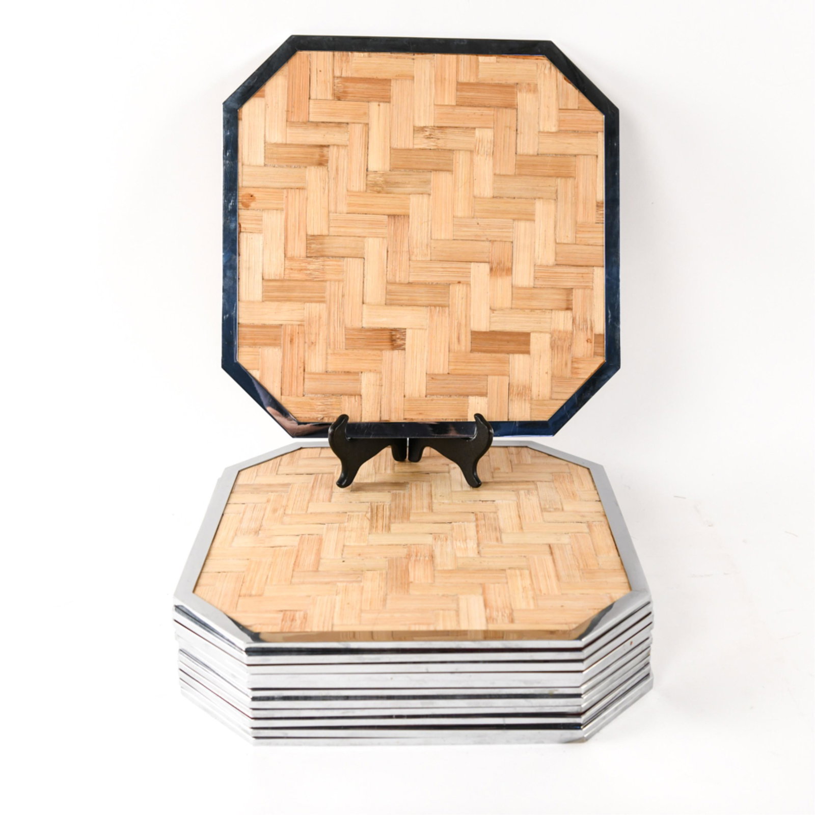 (12) VINTAGE CHROME & BAMBOO PLACEMATS: Dimensions: L 14.5" x W 14.5" Condition: Some spotting on bamboo.