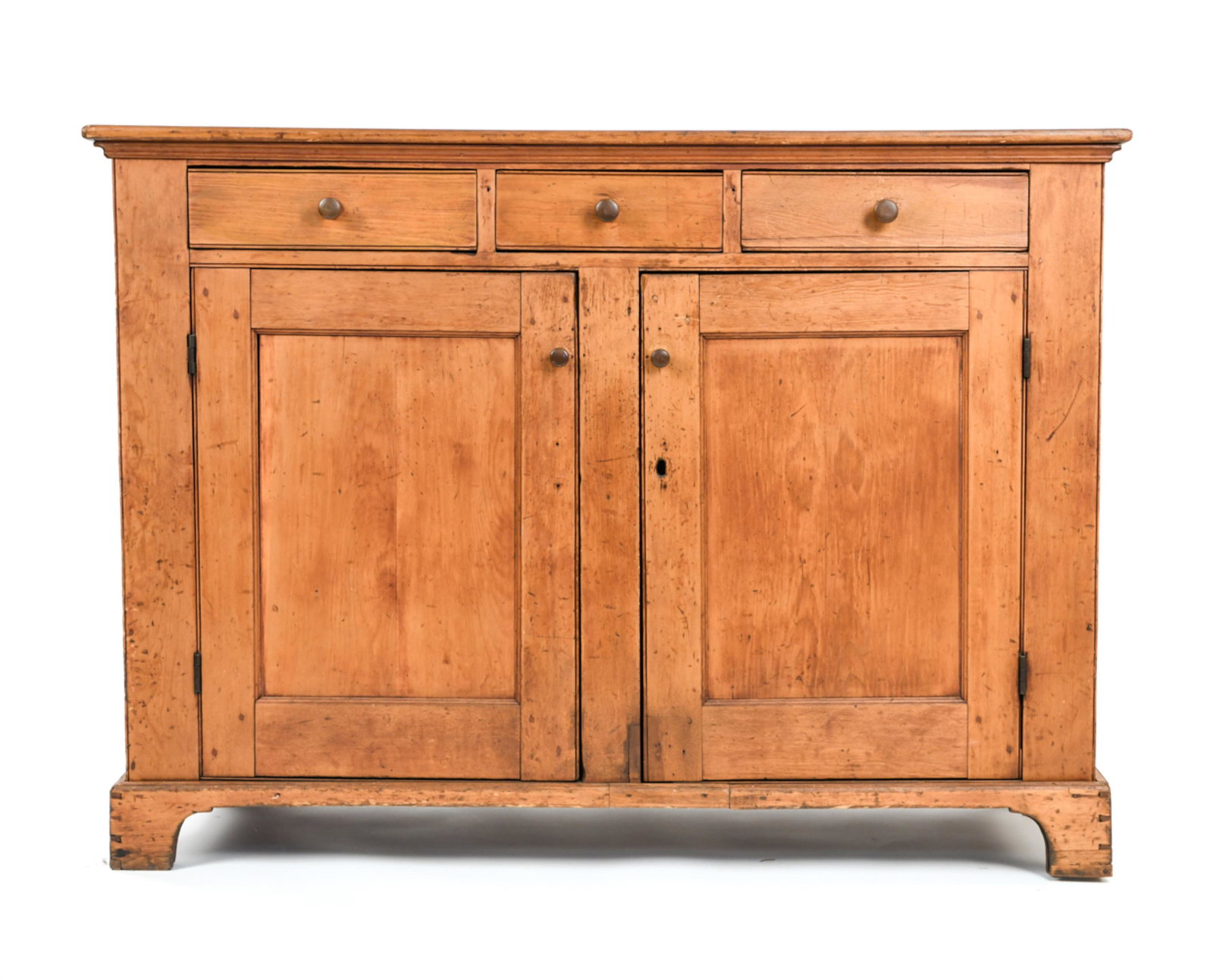 ANTIQUE COUNTRY STYLE PINE SIDEBOARD CABINET: Dimensions: H 39.5" x W 54.25" x D 19.75" Condition: Wear consistent with age and use including scratches, nicks. Some surface marks and stains.