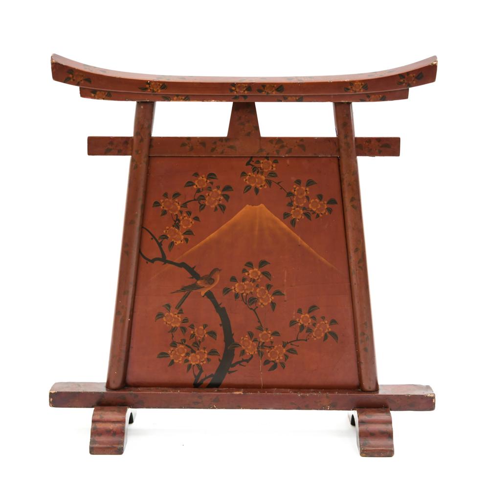 JAPANESE MEIJI PERIOD TORII GATE FORM SCREEN: Lacquered screen with decoration of Mount Fuji, blossoms, and bird. Dimensions: H 33.75" x W 34" x D 11" Condition: Edge chipping. Cracks. Back with damages.