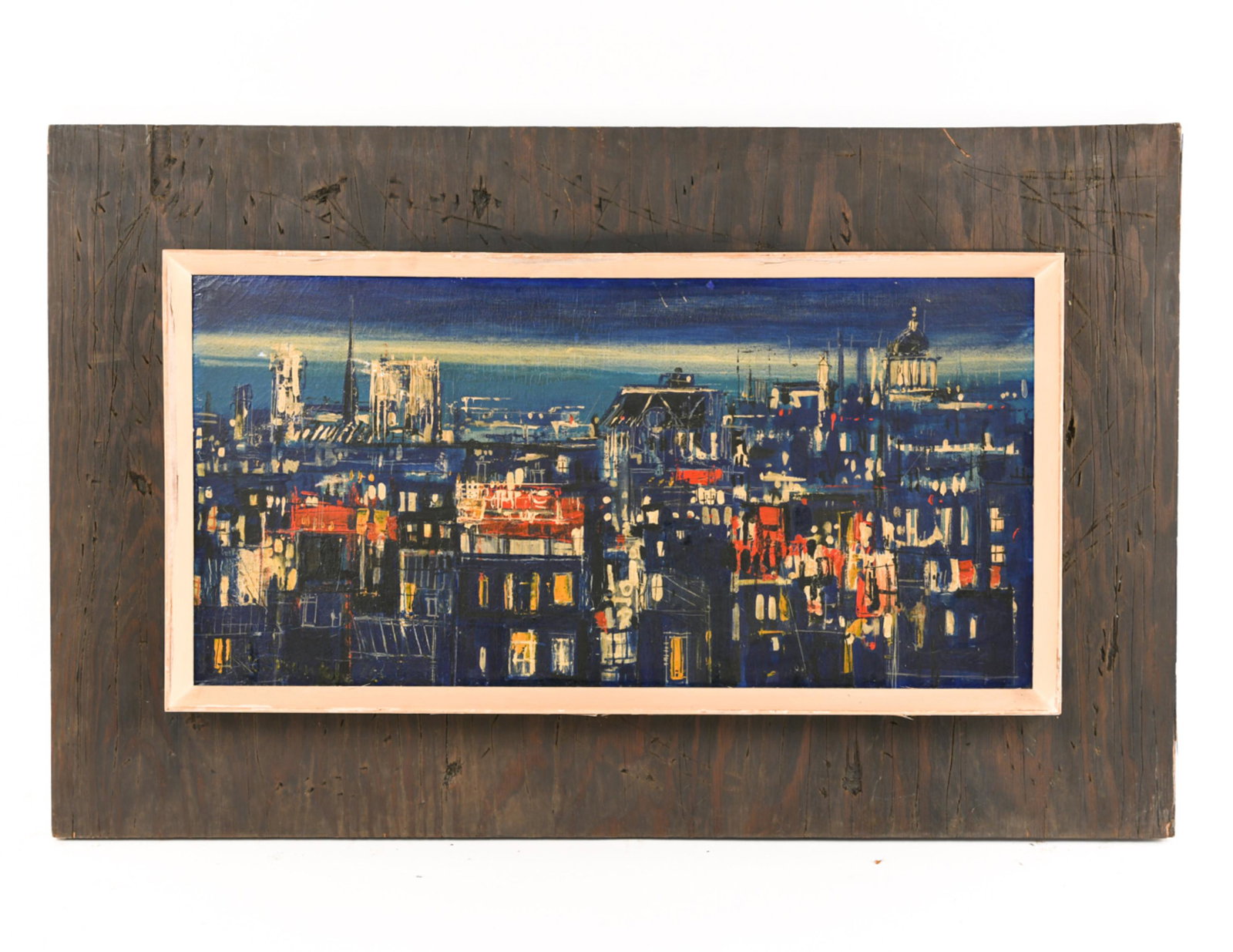 JEAN CLAUDE DEMEL O/C: Modernist view of Paris. Framed painting with large wood backing added. Dimensions: (Overall) H 26.5" x W 42", (Sight) H 15.5" x W 31" Condition: Dirty surfaces. Surface nicks to painting and framing.