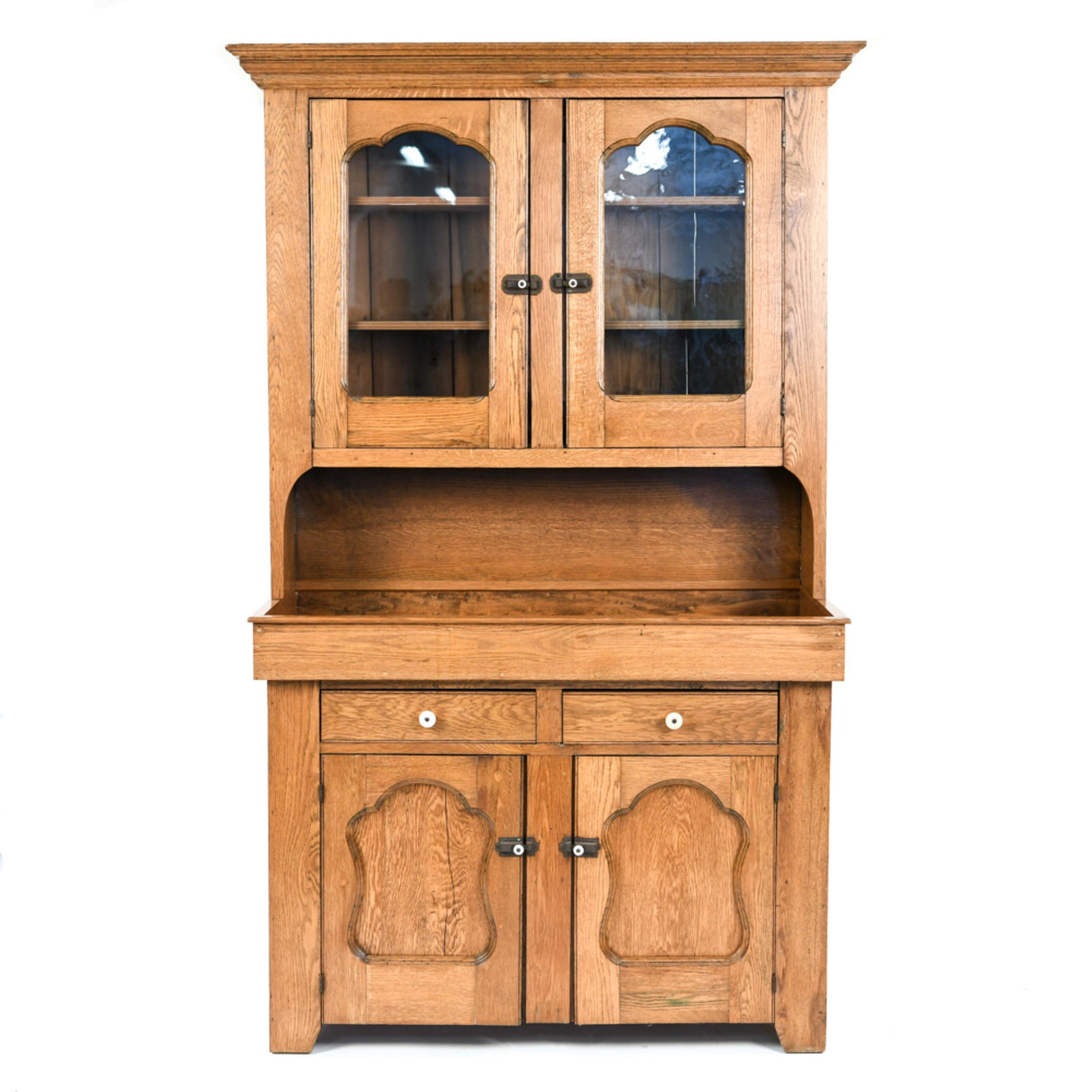 COUNTRY DRY SINK CABINET W/ HUTCH: Dimensions: H 76" x W 48.75" x D 21" Condition: Wear consistent with age and use including some surface scratches and discoloration to knobs.