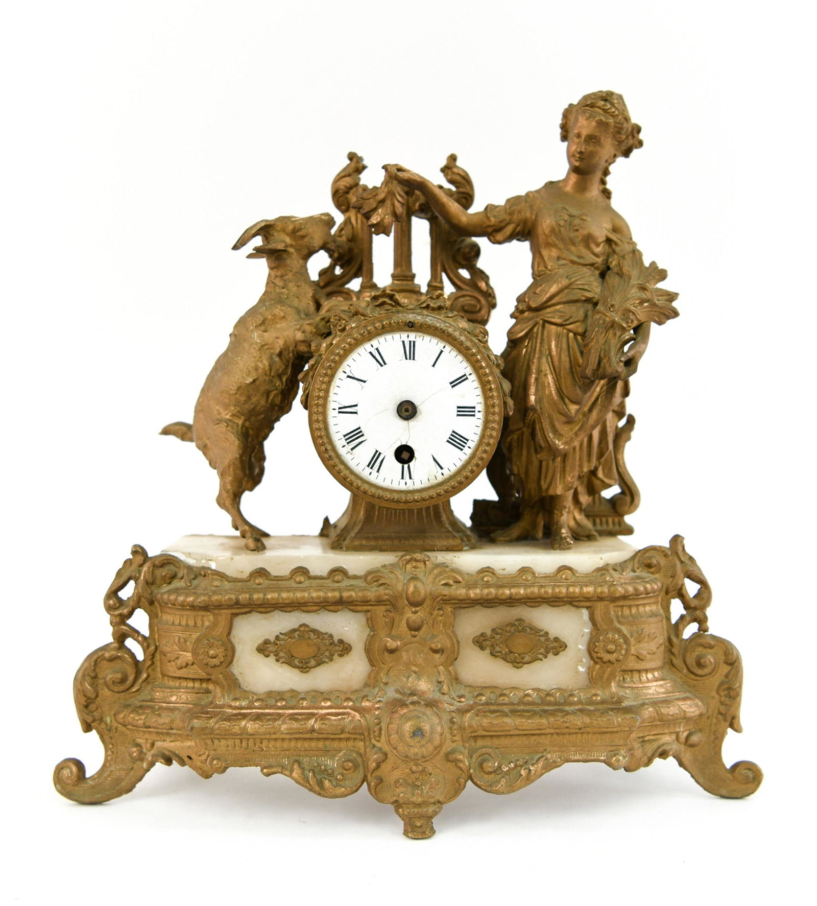 19TH CENTURY FRENCH MANTEL CLOCK: Brass, marble, and enamel. Dimensions: H 14" x W 14" x D 5" Condition: Clockworks missing. Hands missing from dial. Break at top. Brass spray painted.