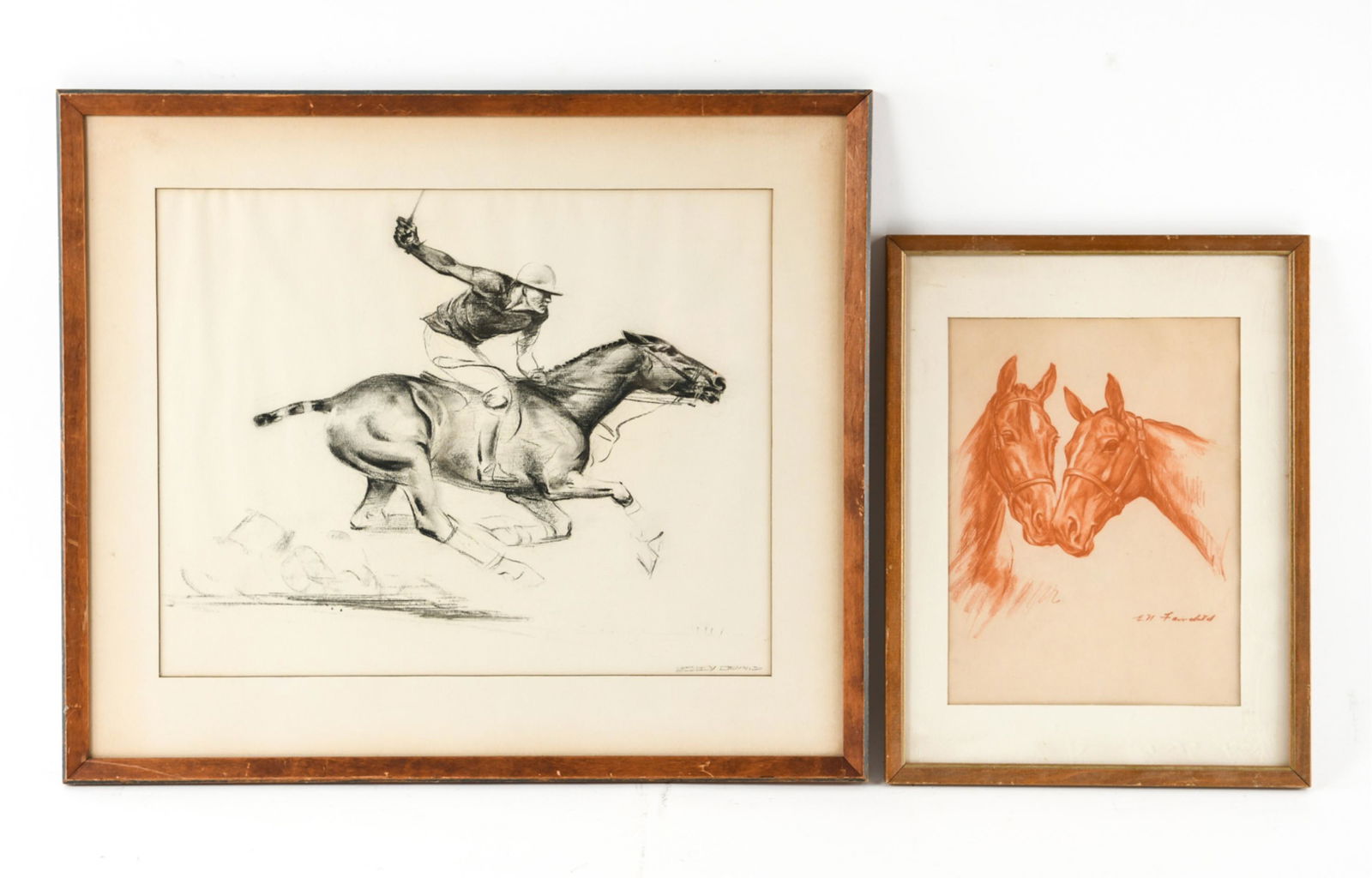 JOHN WESLEY DENNIS (1903-1966) DRAWING + (1) OTHER: Charcoal drawing of a polo player full gallop, signed lower right: John Wesley. Includes second sanguine drawing, two horse portraits, signed. Dimensions: (Larger frame) H 21.25" x W 21.75", (Sight) H
