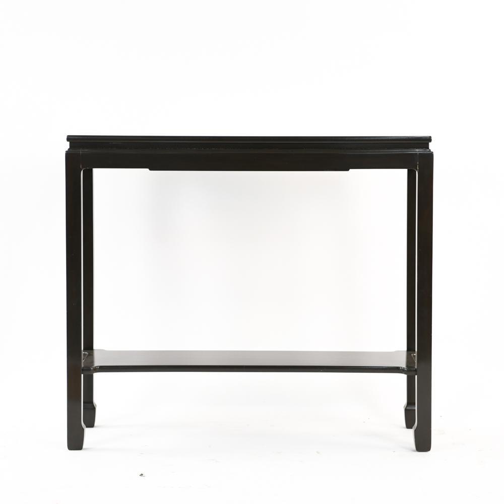 CONTEMPORARY LACQUERED CHINESE STYLE CONSOLE TABLE: Dark brown. Dimensions: H 34" x W 38.5" x D 12" Condition: Surface abrasions. Some splitting at seams.