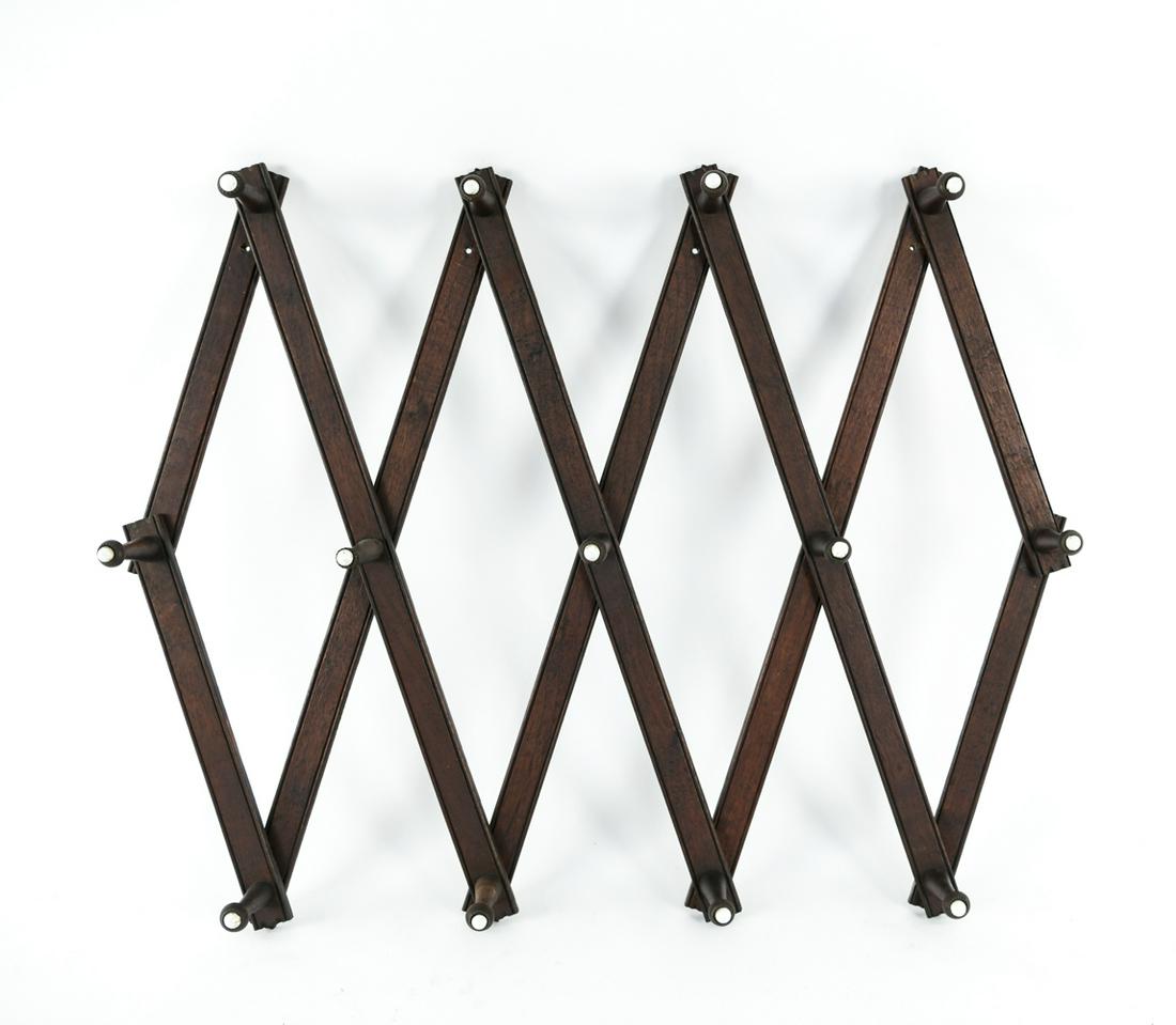 ANTIQUE EXPANDABLE WALL COAT/HAT RACK: Dimensions: (Folded) H 24" x W 6.25" x D 4.25" Condition: Minor wear.