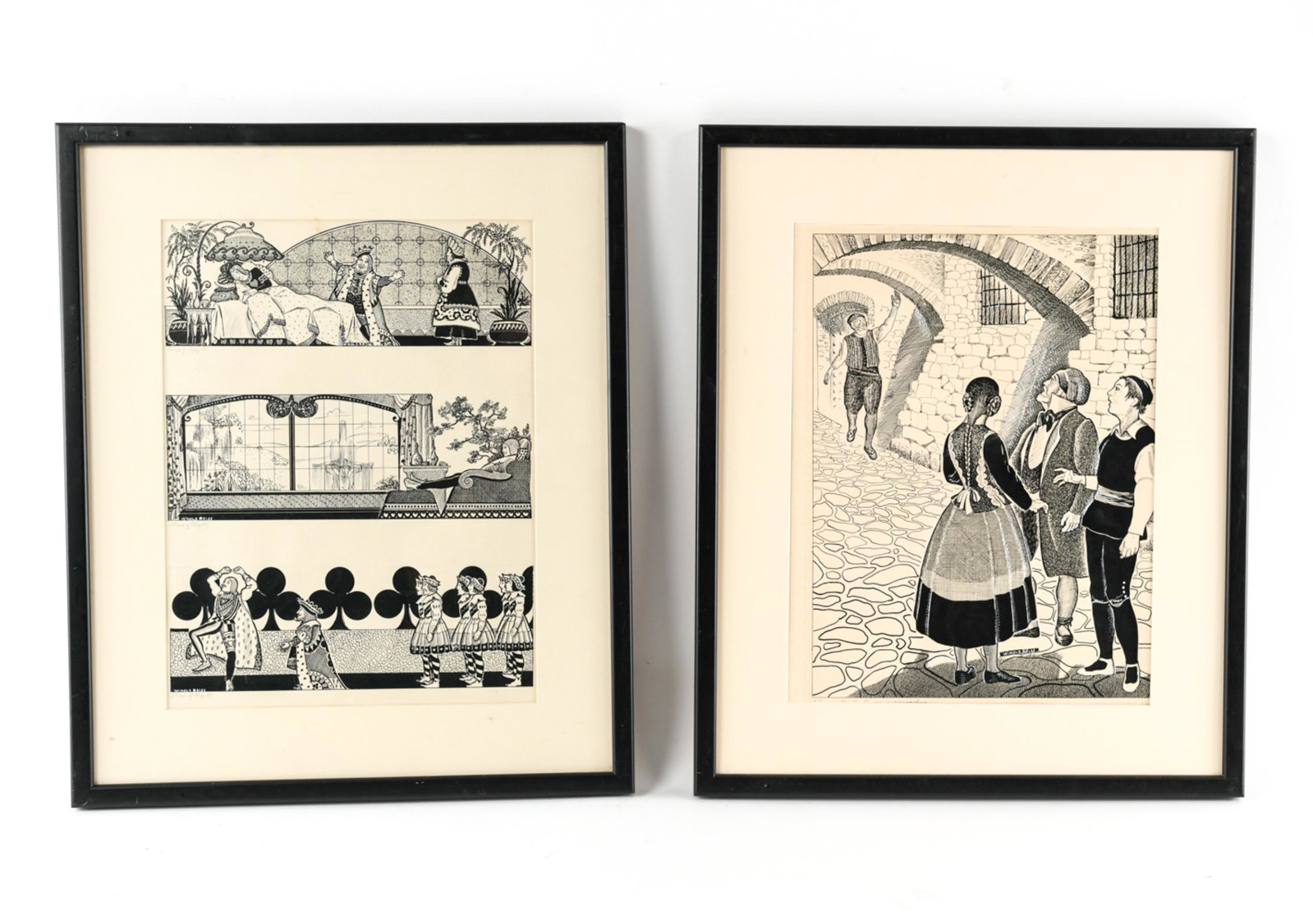 (2) WINOLD REISS (1886-1953) ILLUSTRATIONS: Signed and titled. Ink illustrations for children's books. Both signed with titles in pencil. Dimensions: (Frame) H 23.25" x W 19.25", (Sight) H 16.5" x W 12.5" Condition: One without frame glass. Ton