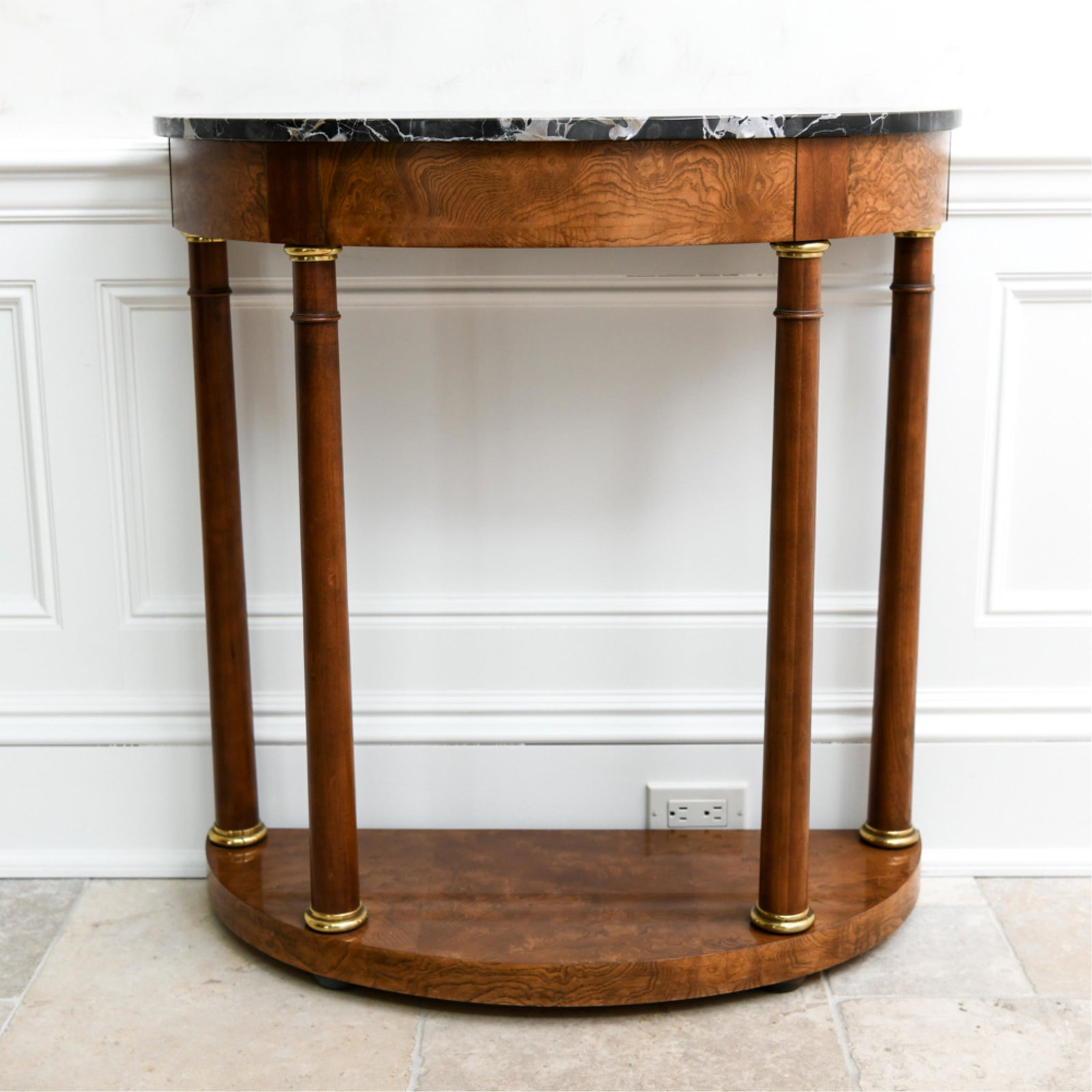 CONTEMPORARY MARBLE TOP DEMI LUNE CONSOLE: Marked marked: Made in Italy. Baker Collection. Empire style. Removable marble top. Dimensions: H 34" x W 32" x D 13" Condition: Minor use wear.