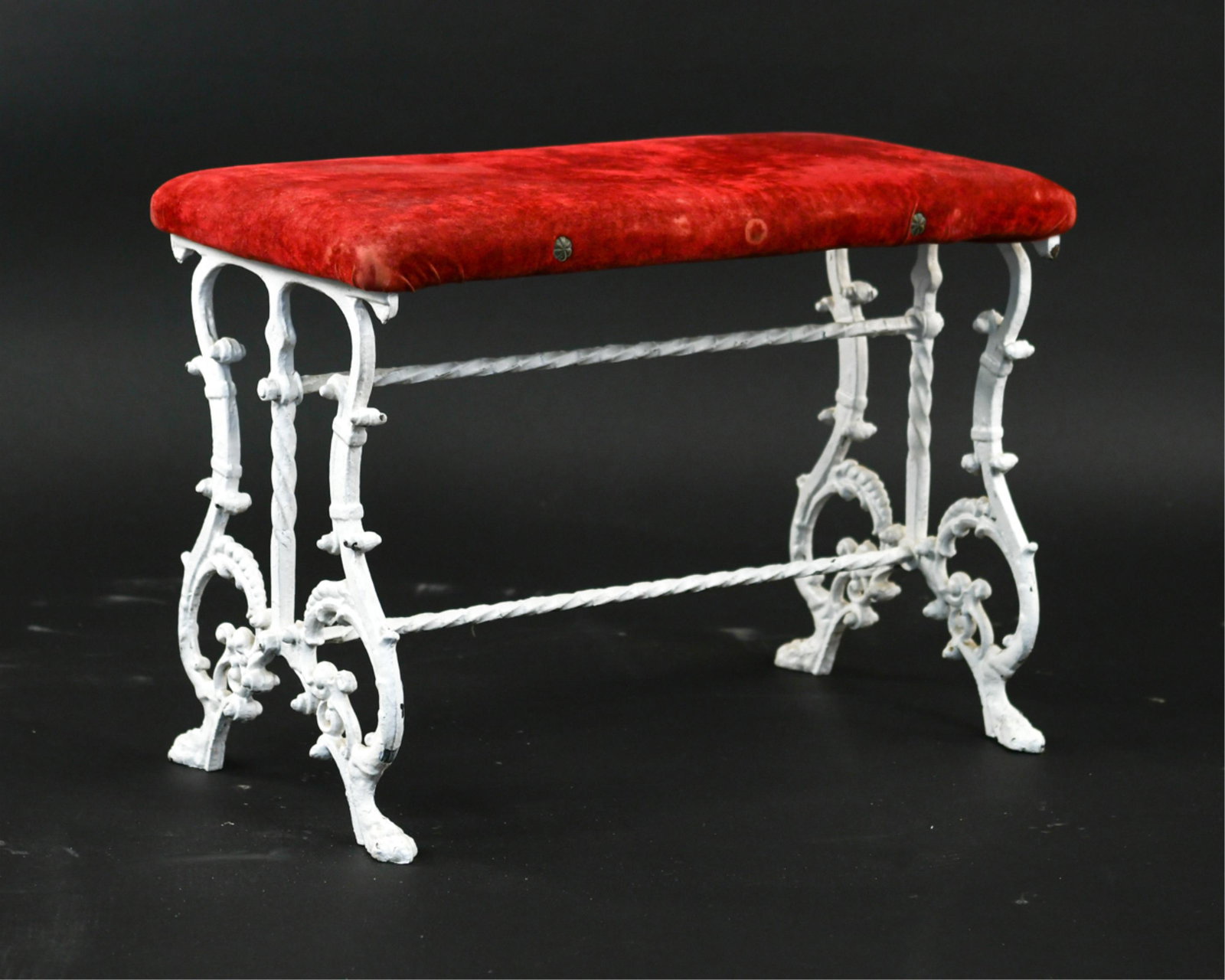 VICTORIAN IRON BENCH: Dimensions: H 17" x W 24.5" x D 12" Condition: Some paint loss to white paint on base. Some soiling and wear to seat.