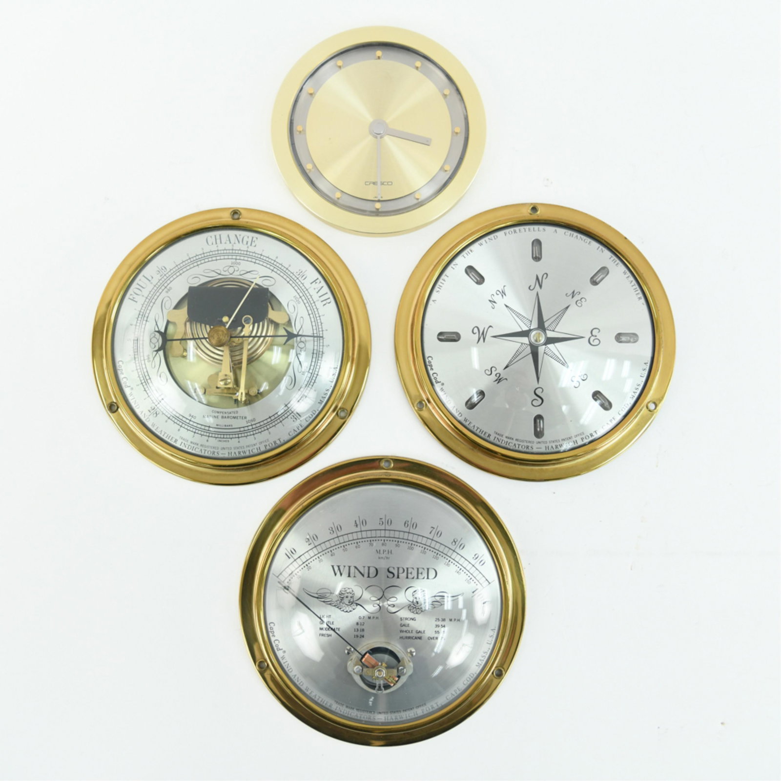 GROUPING OF CAPECOD MARINE INSTRUMENTS: Including a Cresco wall clock. Dimensions: (Barometer) Dia. 6" x D 1.5" Condition: Not tested. Wear consistent with handling.