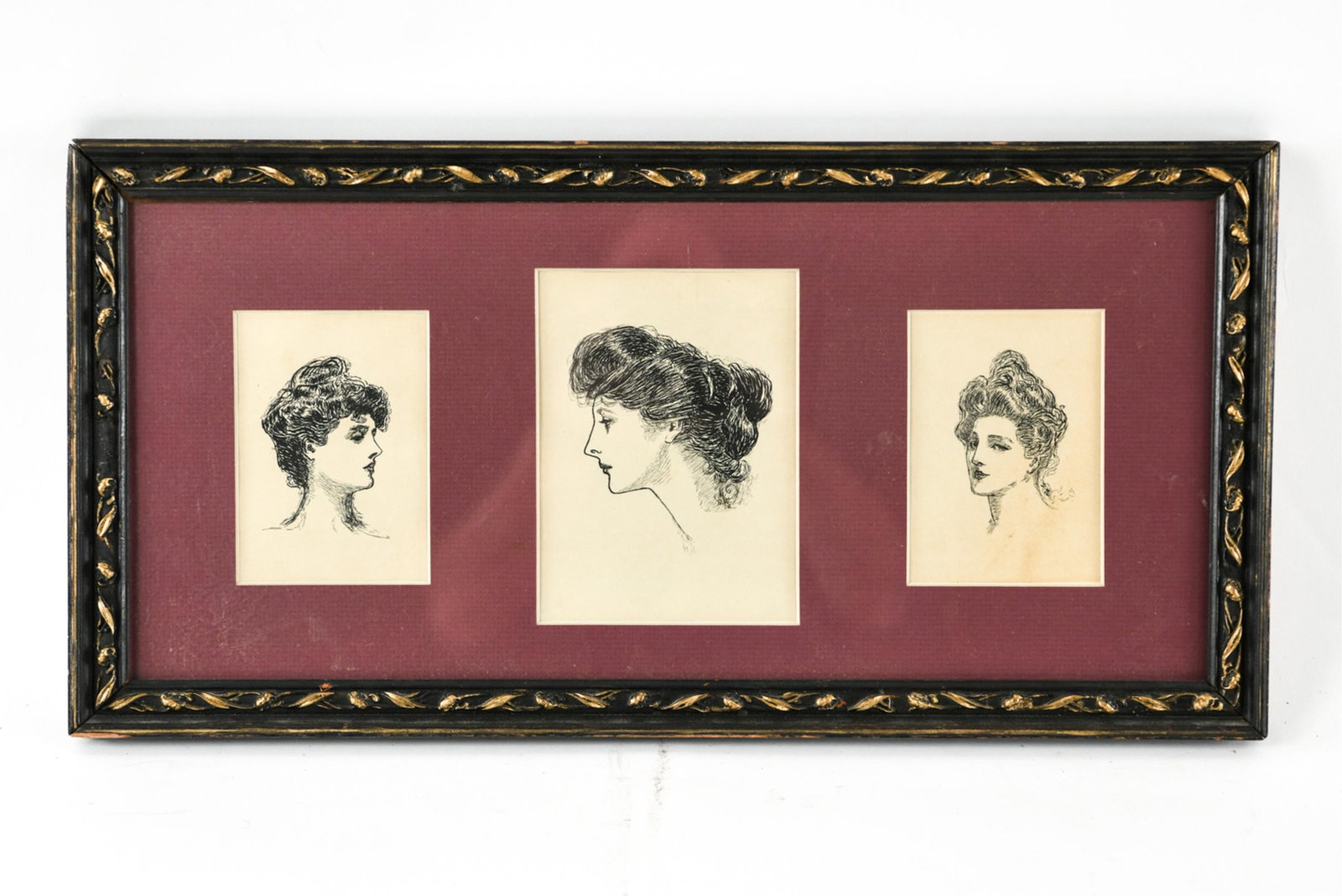 GIBSON GIRL INK DRAWINGS: Three in one frame. Apparently unsigned. Portrait drawings. Dimensions: (Frame) H 11" x W 22", (Largest sight) H 6.5" x W 4.5" Condition: Couple nicks to frame.