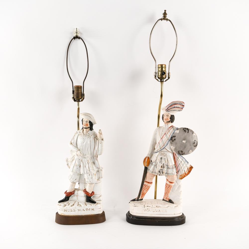 2 ANTIQUE STAFFORDSHIRE SCOTTISH FIGURES AS LAMPS: Including Wallace and Will Watch. Both mounted as lamps. Dimensions: (Wallace figure) H 17.5" x W 9" x D 3" Condition: Wallace with couple edge chips and some crazing. Will Watch with head reattached