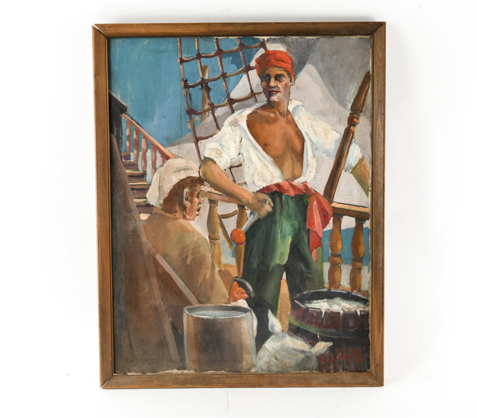 STYLE OF MEAD SCHAEFFER (1898-1980) O/C: O/c illustration of buccaneers. Bears signature lower right. Dimensions: (Frame) H 38.5" x W 30.5", (Canvas) H 36" x W 28" Condition: Painting with repair including surface distress. Frame with corner