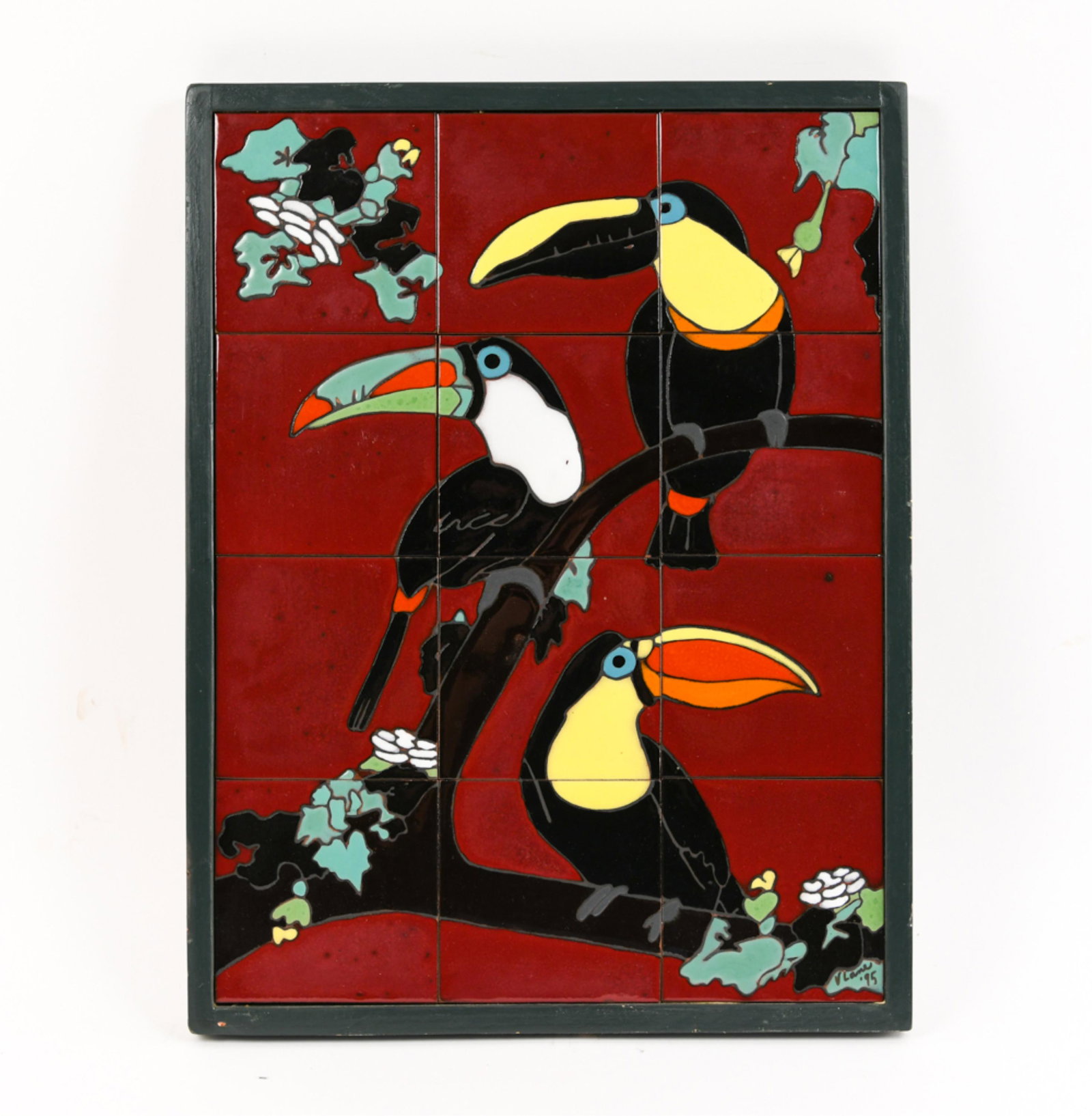 SIGNED TOUCAN TILE ART: Signed V. Lane 95 lower right. Dimensions: H 29.5" x W 19.5" Condition: Minor signs of handling.