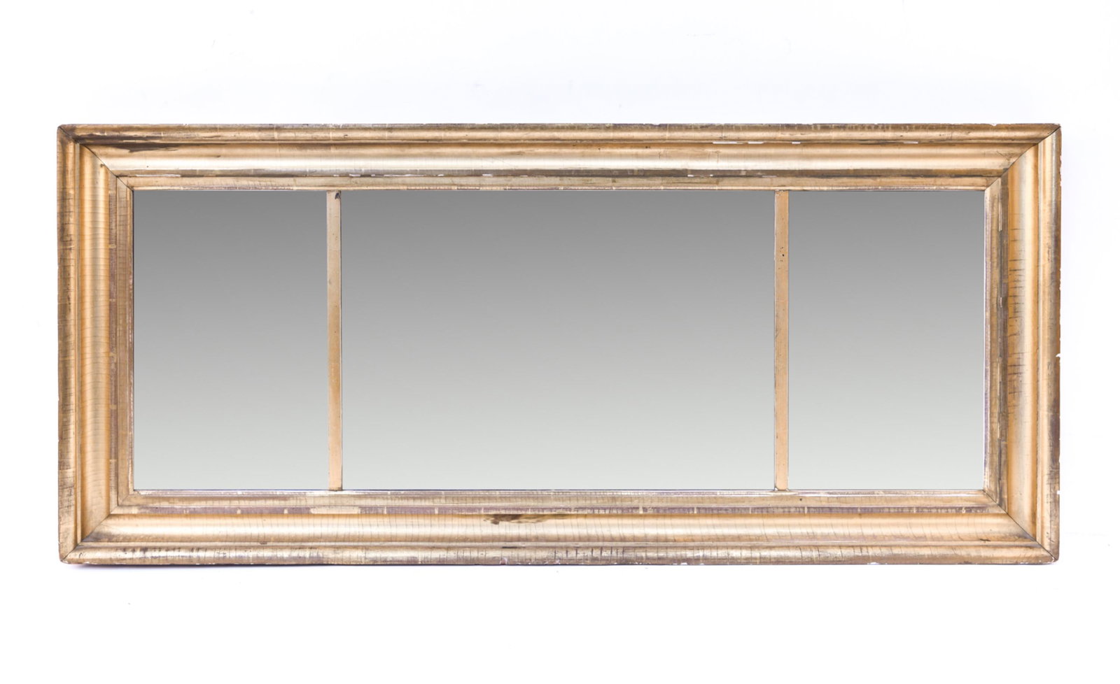 ANTIQUE (3) PART GOLD GILT MIRROR: Antique, gold gilt wood. Dimensions: H 27.5" x W 57" x D 2.5" Condition: Minor losses to gilding.