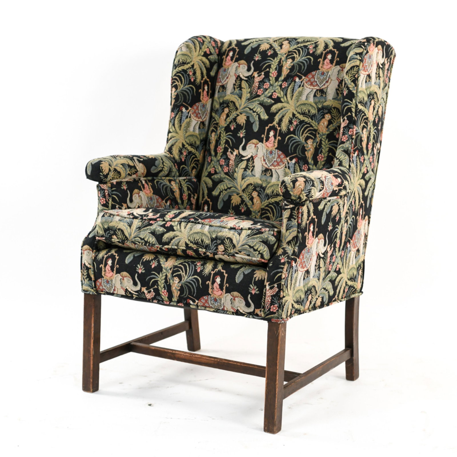 WINGBACK ARMCHAIR: Dimensions: H 40.25" x W 25" x D 25" x SH 21" Condition: Minor wear and pilling to upholstery. Scuffs and scratches to wood legs.