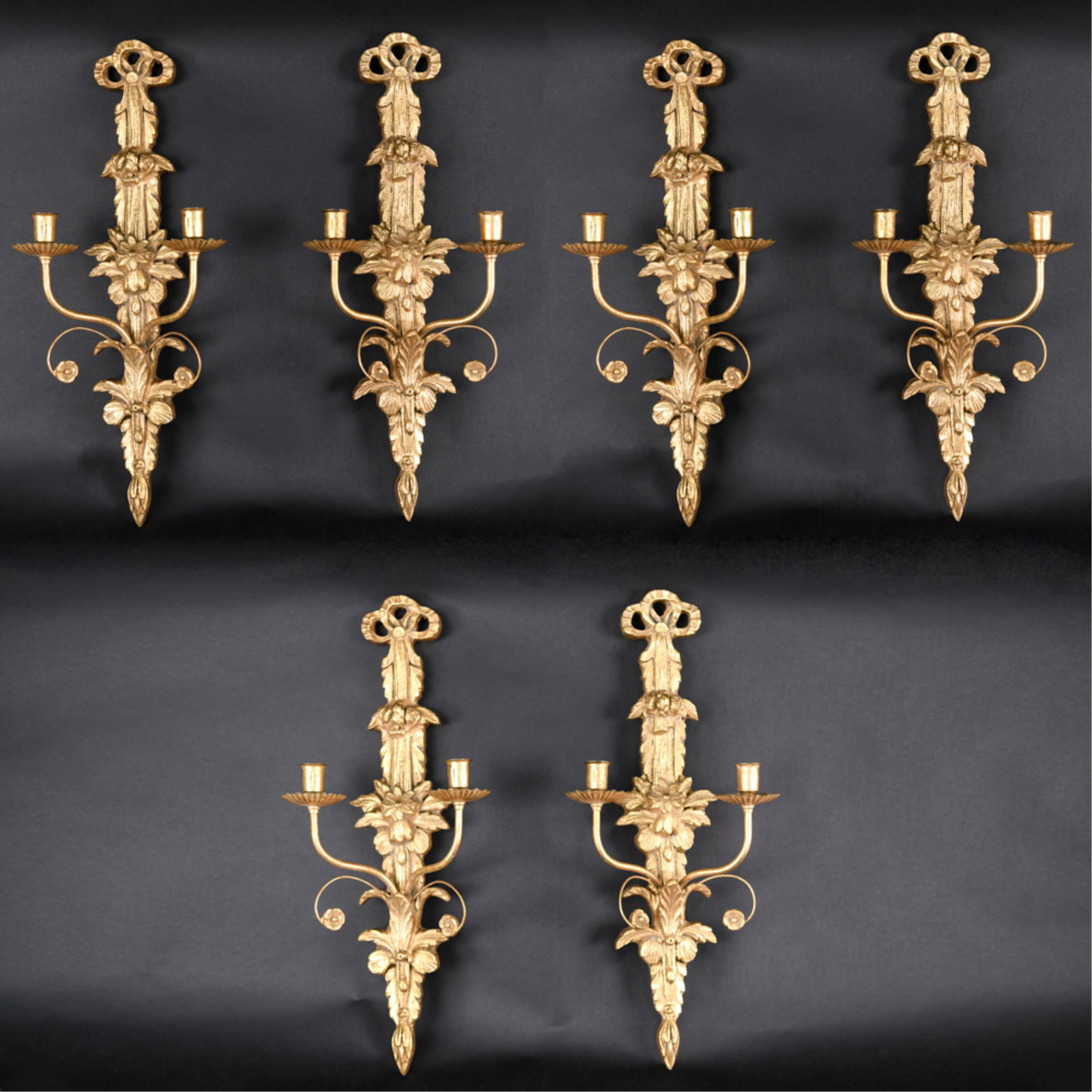 (6) DECORATIVE FRENCH STYLE SCONCES: Gilded wood and metal. Dimensions: H 21.5" x W 9.5" x D 5" Condition: Some surface wear. Intentionally antiqued surface.