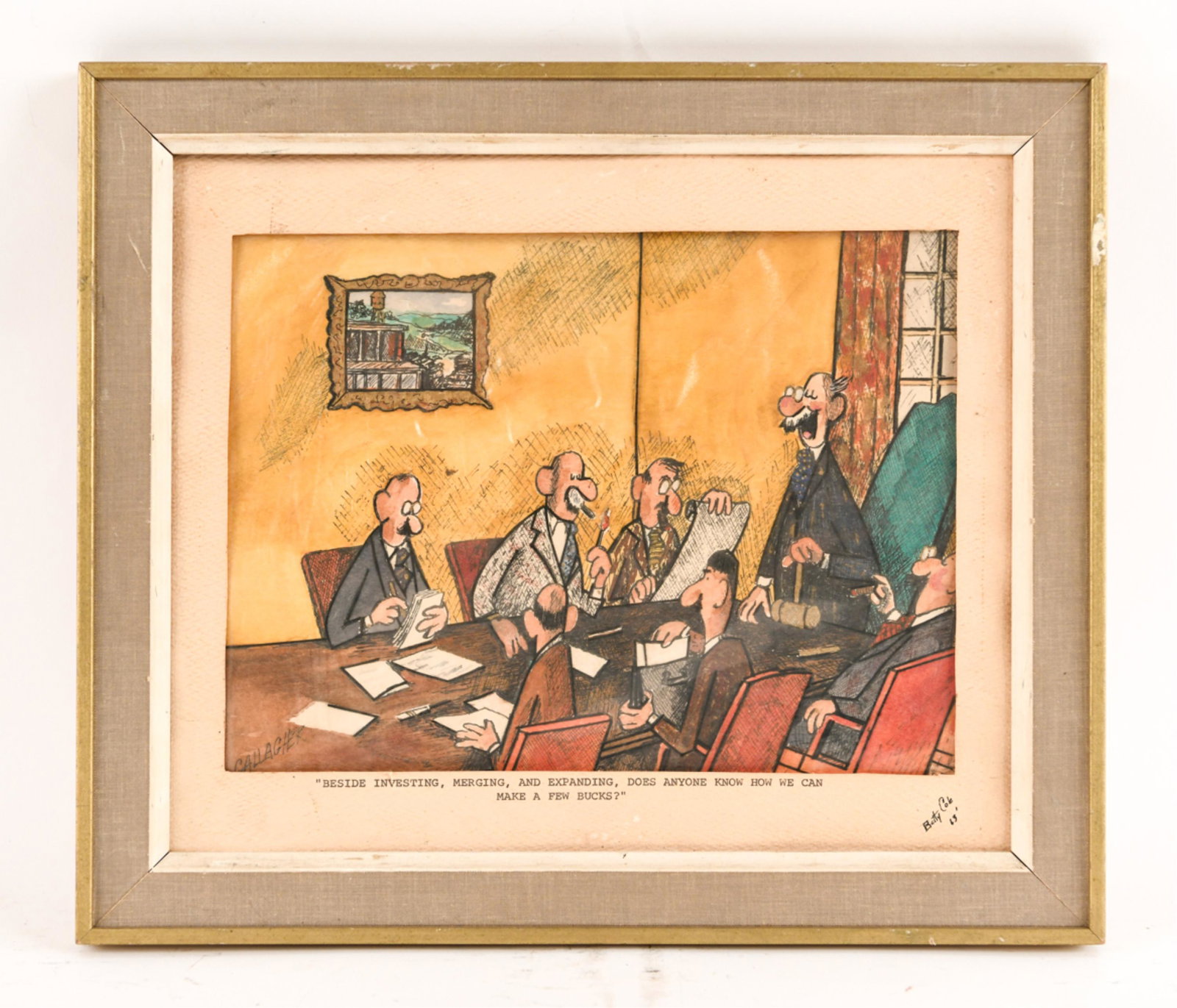 JOHN GALLAGHER (AMERICAN 1926-2005) CARTOON: Watercolor on paper with ink on acetate overlay. Signed lower left. Dimensions: (Frame) H 11.75" x W 13.75", (Sight) H 7.5"x W 10" Condition: Slight waviness to paper. No frame glass, under plastic. H