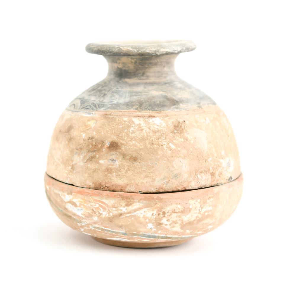 HAN DYNASTY STYLE VESSEL: Painted surface. With clay encrustation. Dimensions: H 6.5" x D 5.75" Condition: Age related finish wear.
