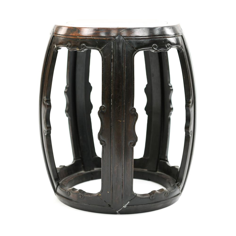 20TH C. CHINESE WOOD STOOL: In barrel form. Dimensions: H 17.5" x D 14" Condition: Some very loose joints and scratches consistent with use. Missing pieces.